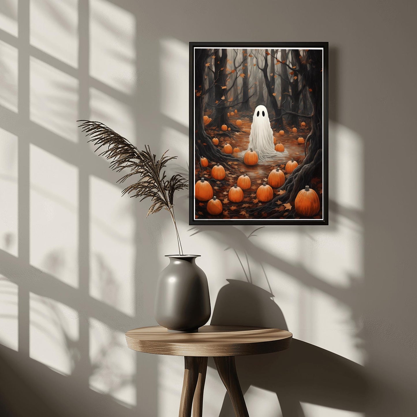 Eerie Ghost in Forest Print | Halloween Spooky Decor | Pumpkin Patch Wall Art | Haunted Woods Illustration | Fall Decor Poster | Creepy Art