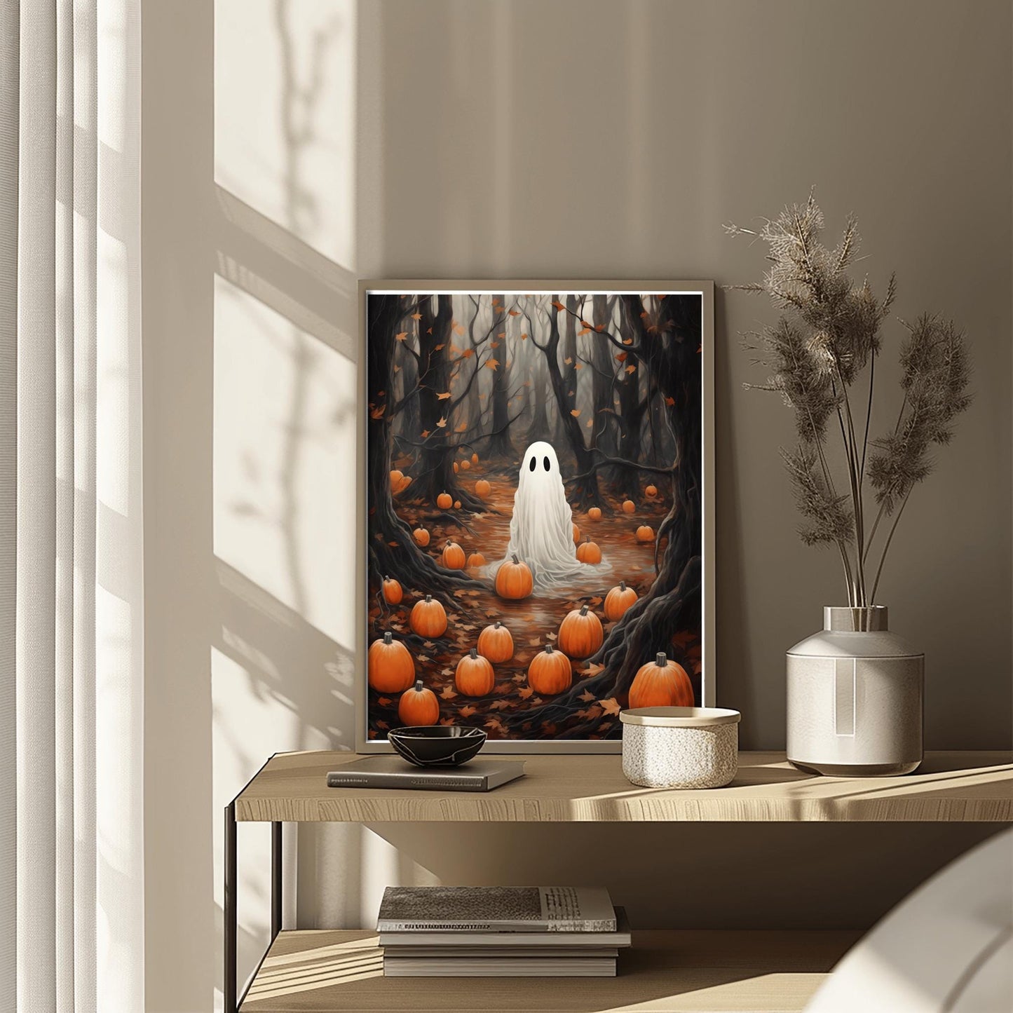 Eerie Ghost in Forest Print | Halloween Spooky Decor | Pumpkin Patch Wall Art | Haunted Woods Illustration | Fall Decor Poster | Creepy Art