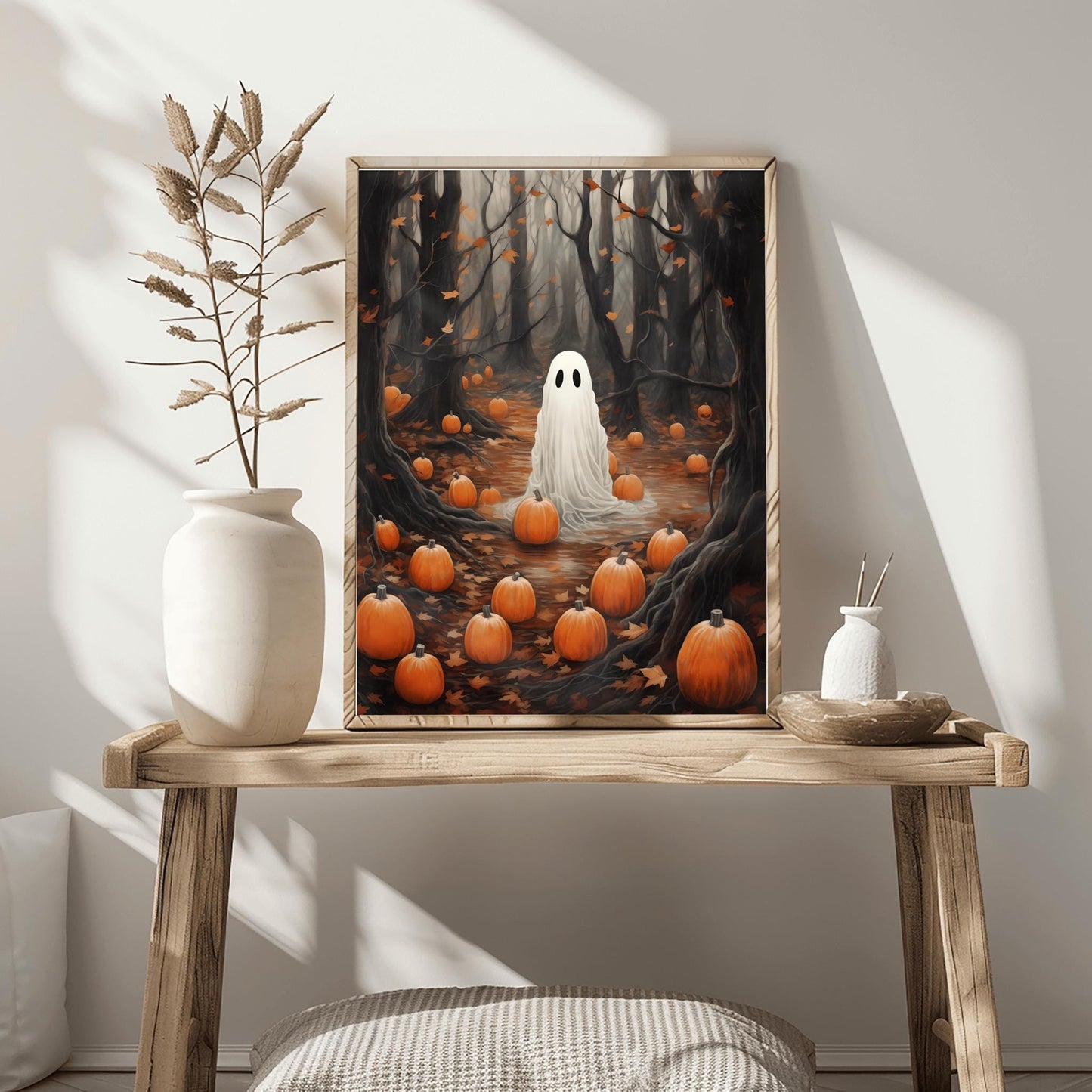 Eerie Ghost in Forest Print | Halloween Spooky Decor | Pumpkin Patch Wall Art | Haunted Woods Illustration | Fall Decor Poster | Creepy Art