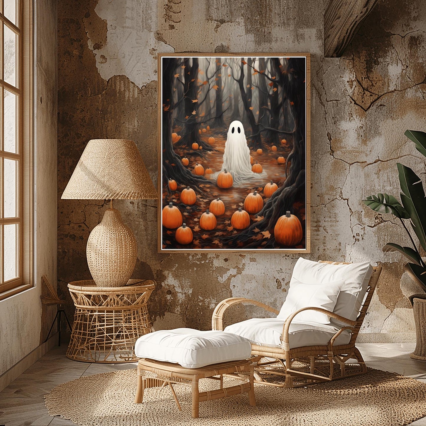 Eerie Ghost in Forest Print | Halloween Spooky Decor | Pumpkin Patch Wall Art | Haunted Woods Illustration | Fall Decor Poster | Creepy Art
