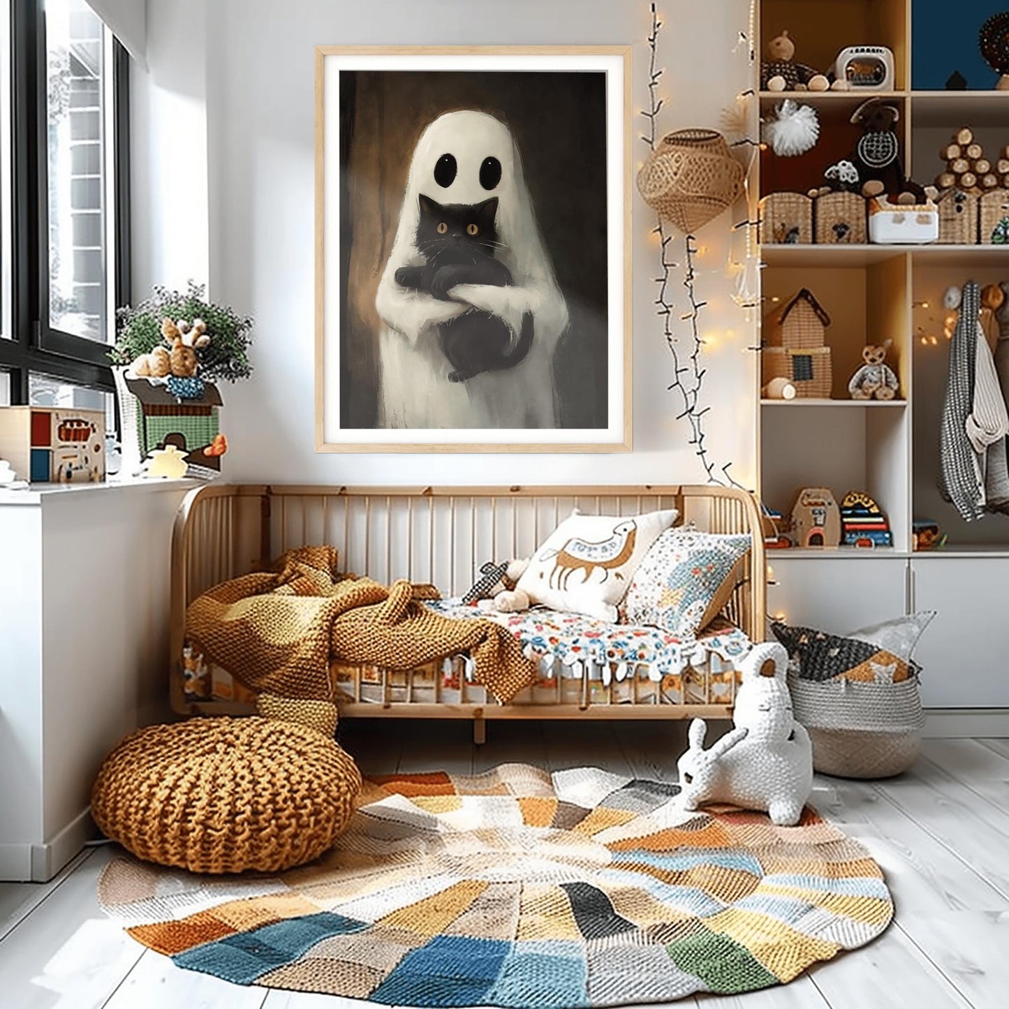 Cute Ghost & Black Cat Print | Whimsical Halloween Art | Friendly Spirit Poster | Spooky Pet Lover Gift | Cozy October Decor | Fall Wall Art