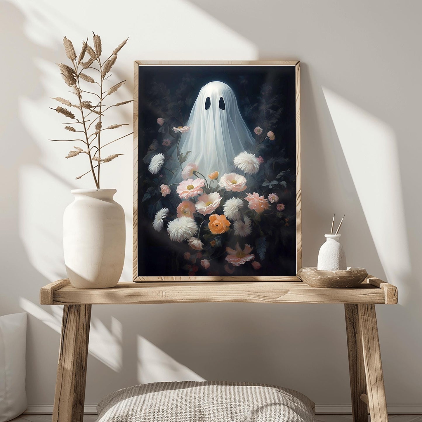 Ghost Print Surreal Floral Art | Dark Botanical Halloween Decor | Whimsical Gothic Wall Art | Unique Spooky Gift