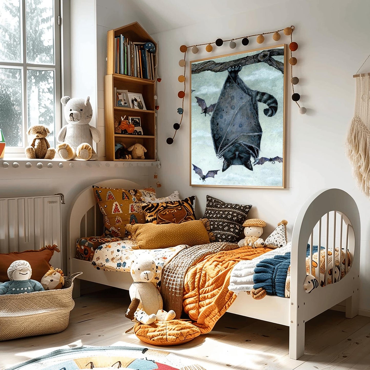 Black Bat Cat Art Print | Gothic Halloween Decor | Whimsical Spooky Animal | Flying Feline Poster Unique Fantasy Creature Gift Dark Academia