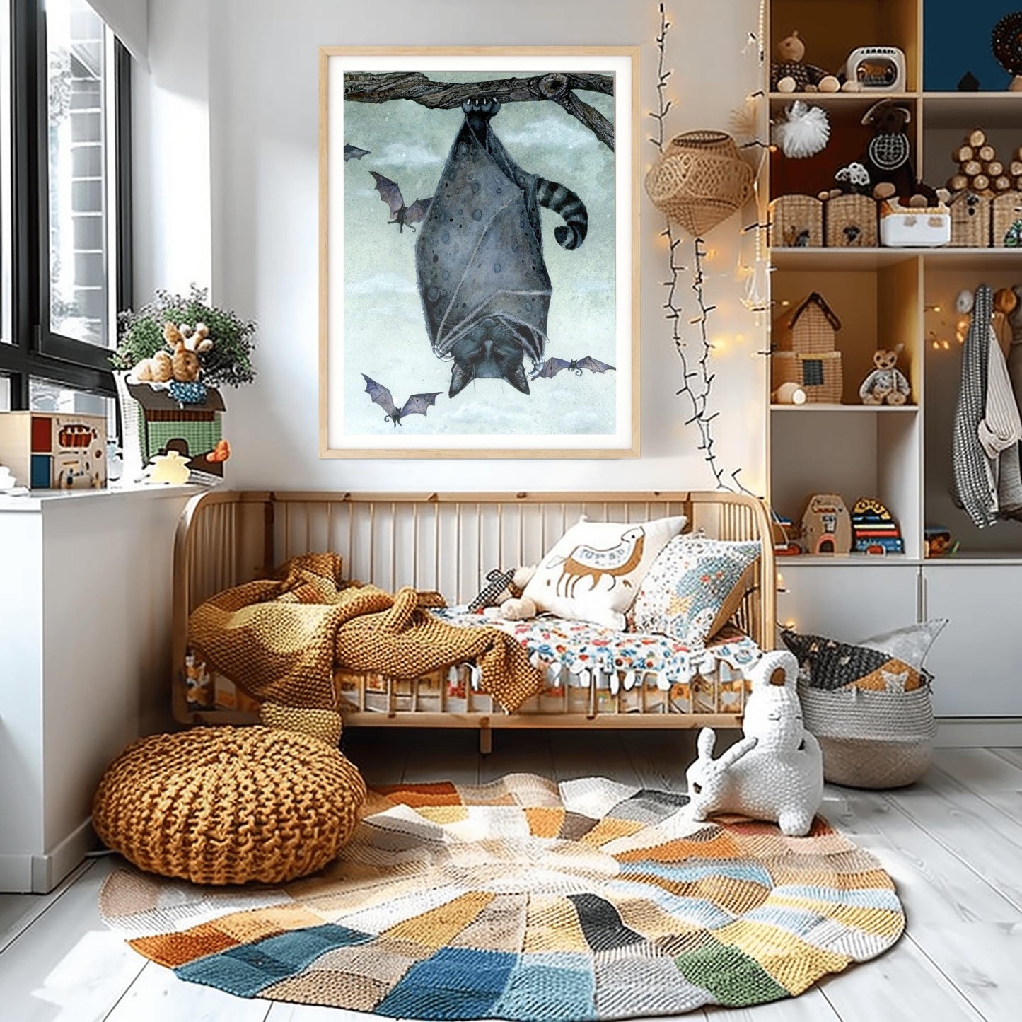 Black Bat Cat Art Print | Gothic Halloween Decor | Whimsical Spooky Animal | Flying Feline Poster Unique Fantasy Creature Gift Dark Academia