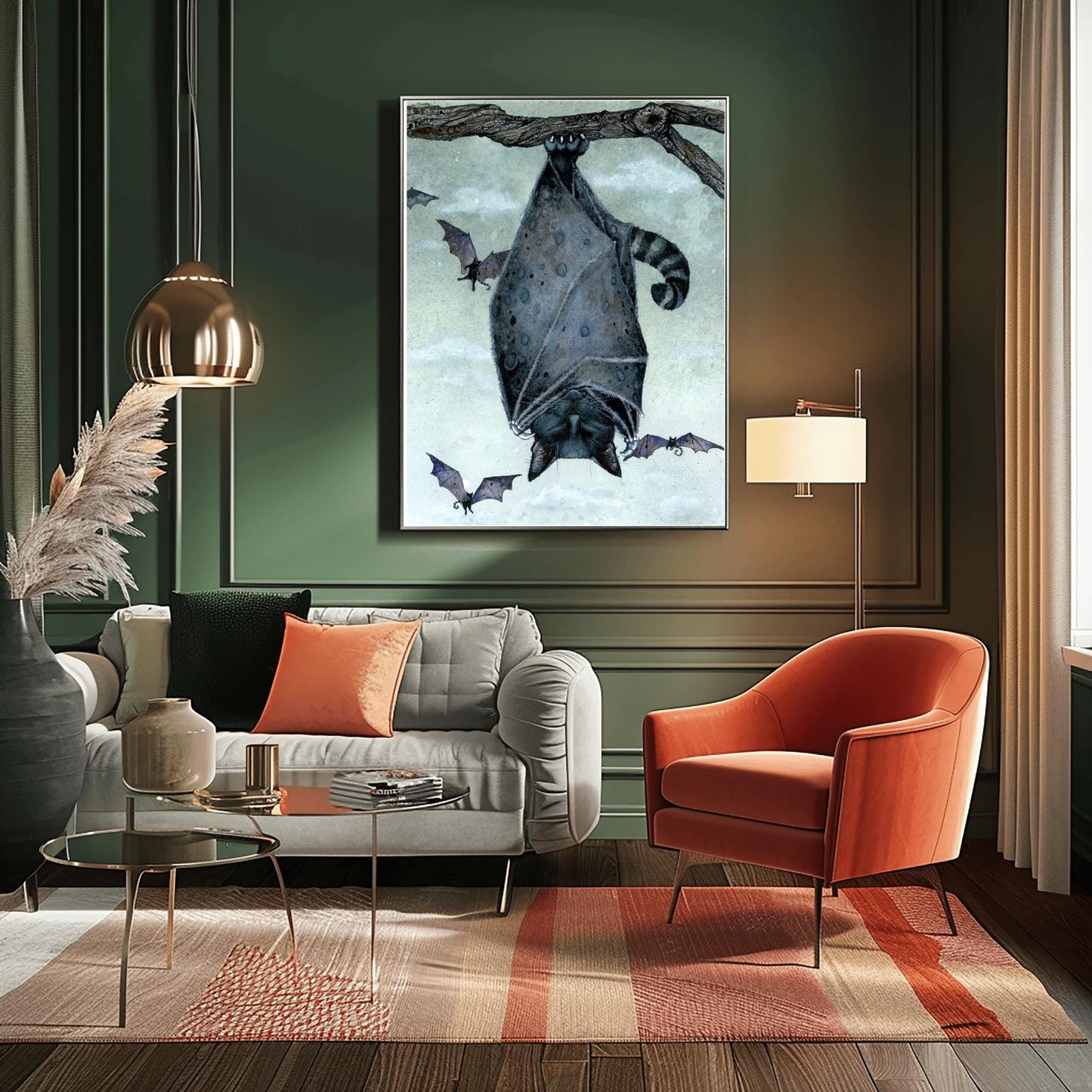 Black Bat Cat Art Print | Gothic Halloween Decor | Whimsical Spooky Animal | Flying Feline Poster Unique Fantasy Creature Gift Dark Academia