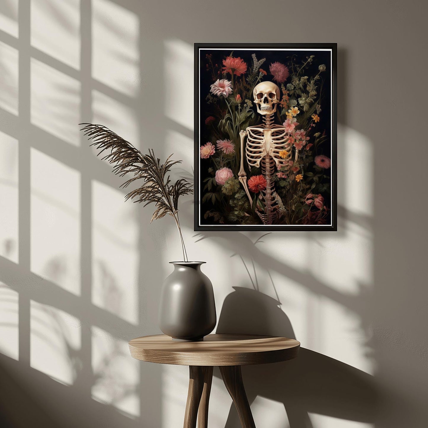 Gothic Skeleton & Flowers Print | Botanical Macabre Wall Art | Halloween Floral Decor | Dark Academia Poster Unique Spooky Art Death Bloom