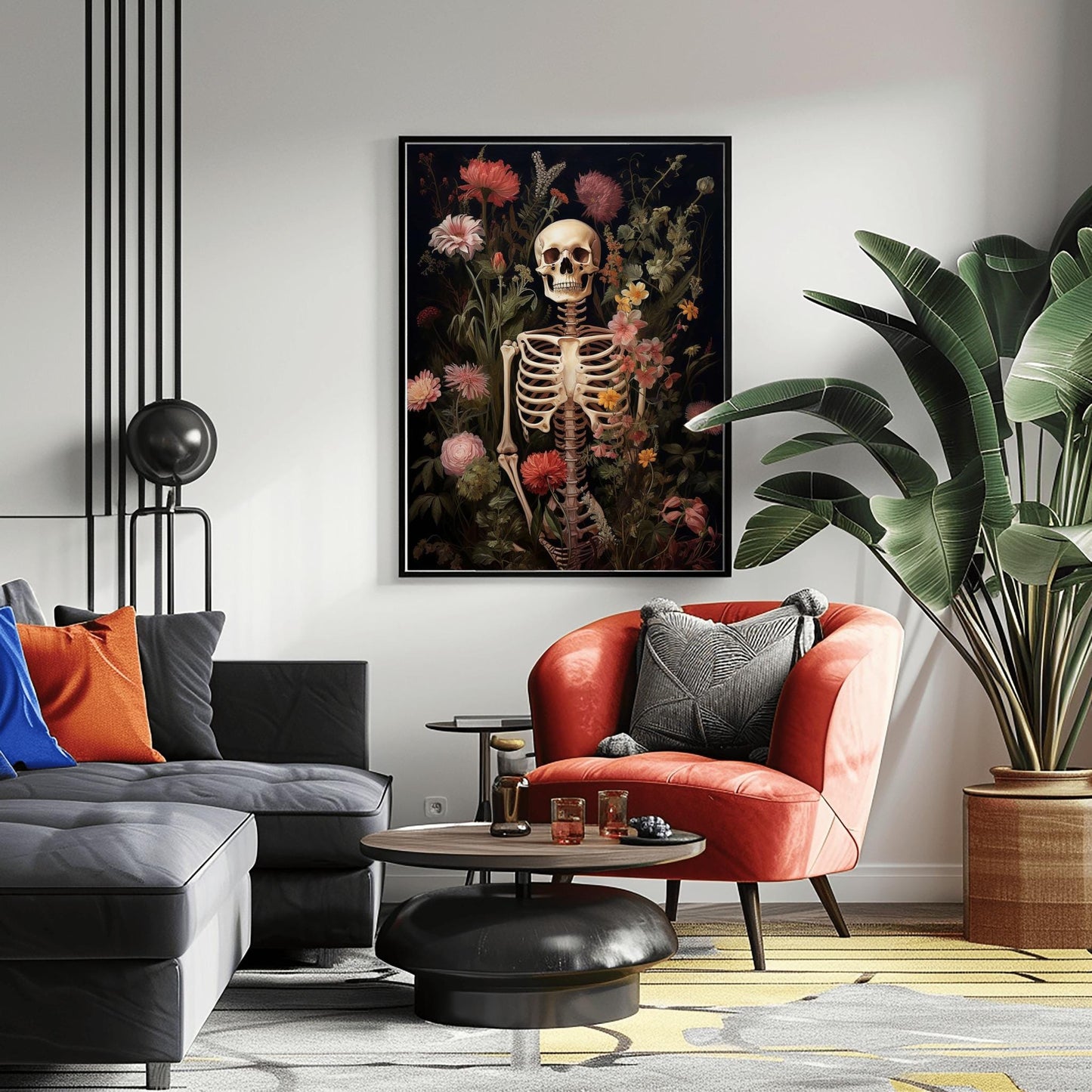 Gothic Skeleton & Flowers Print | Botanical Macabre Wall Art | Halloween Floral Decor | Dark Academia Poster Unique Spooky Art Death Bloom