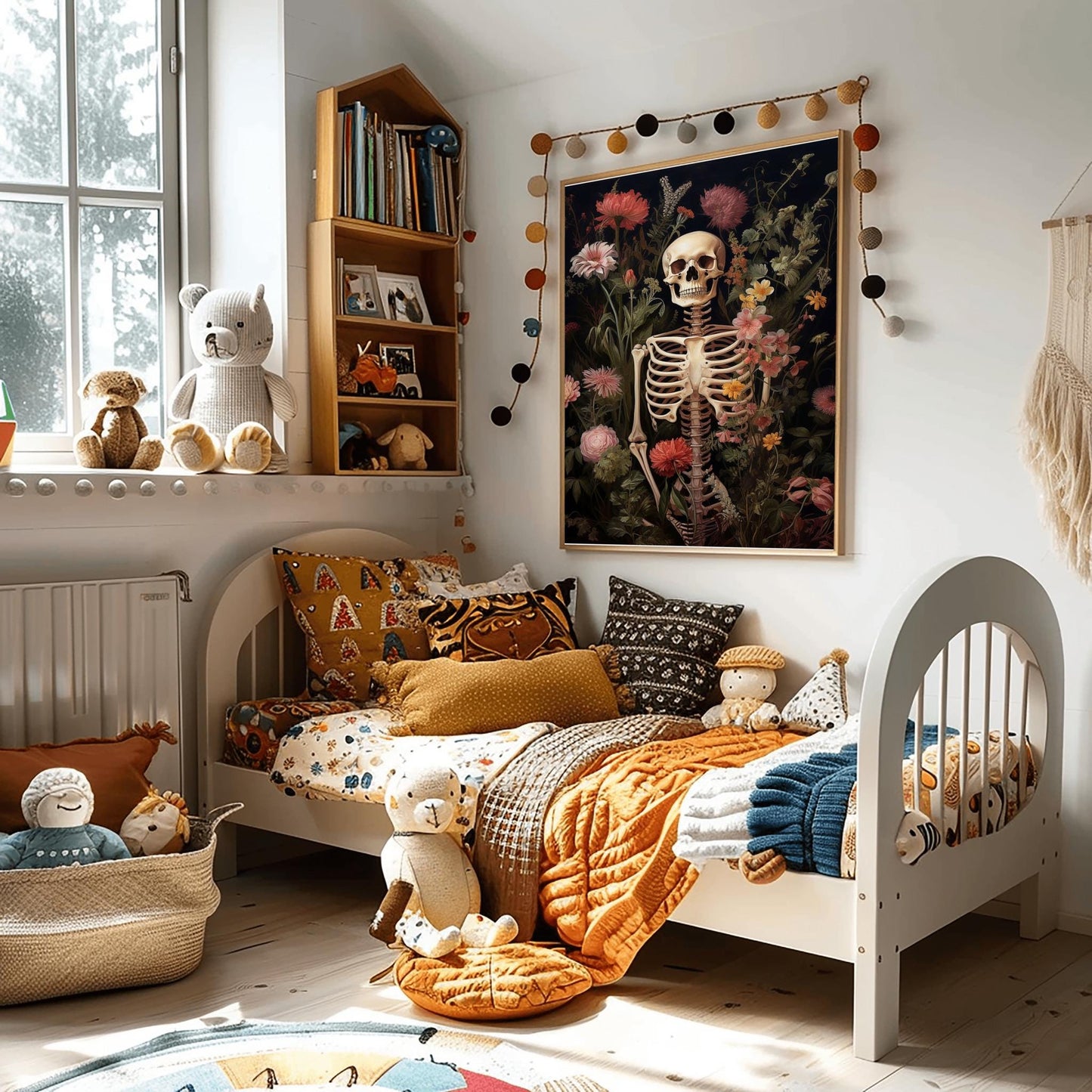Gothic Skeleton & Flowers Print | Botanical Macabre Wall Art | Halloween Floral Decor | Dark Academia Poster Unique Spooky Art Death Bloom