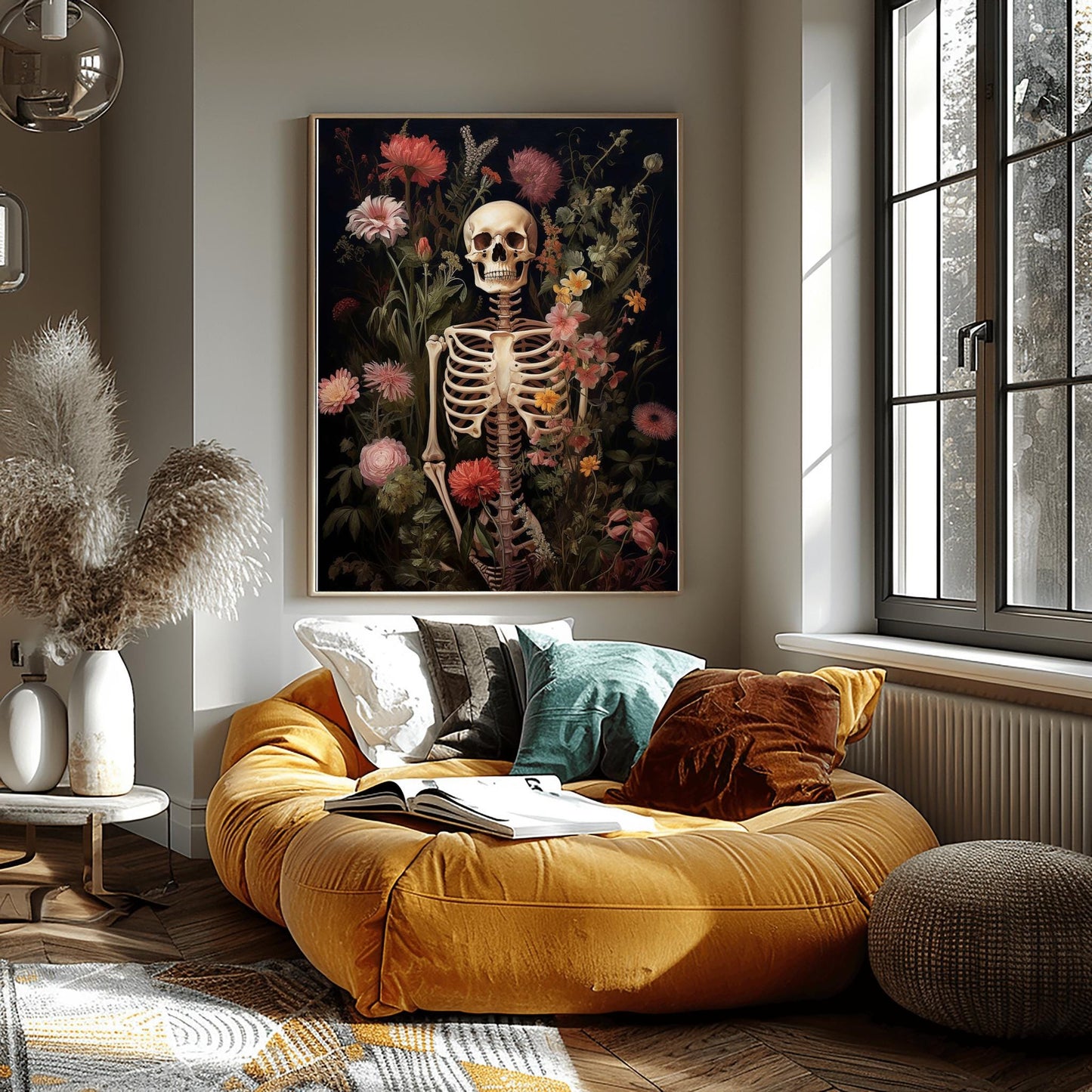 Gothic Skeleton & Flowers Print | Botanical Macabre Wall Art | Halloween Floral Decor | Dark Academia Poster Unique Spooky Art Death Bloom