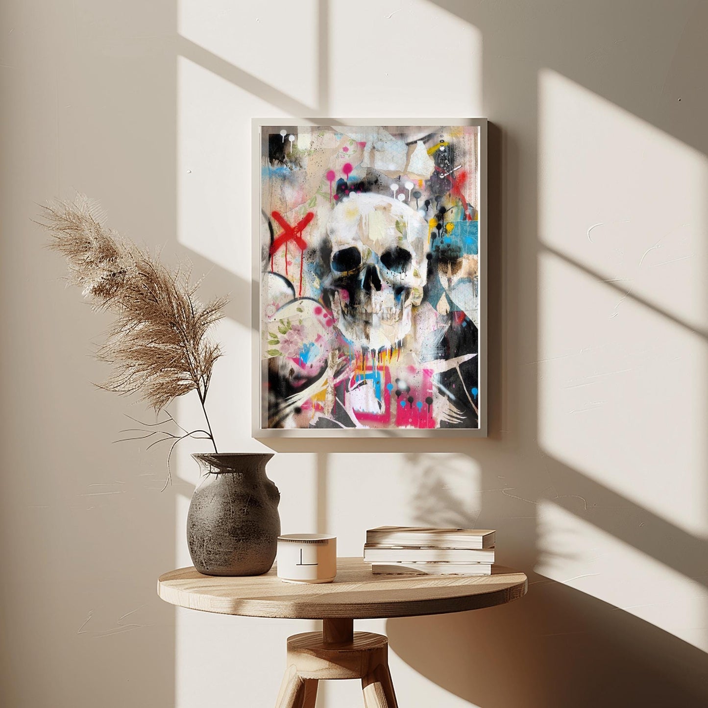Grungy Skull & Floral Print Halloween Poster | Abstract Street Art Decor | Gothic Botanical Wall Art | Unique Mixed Media Urban Macabre