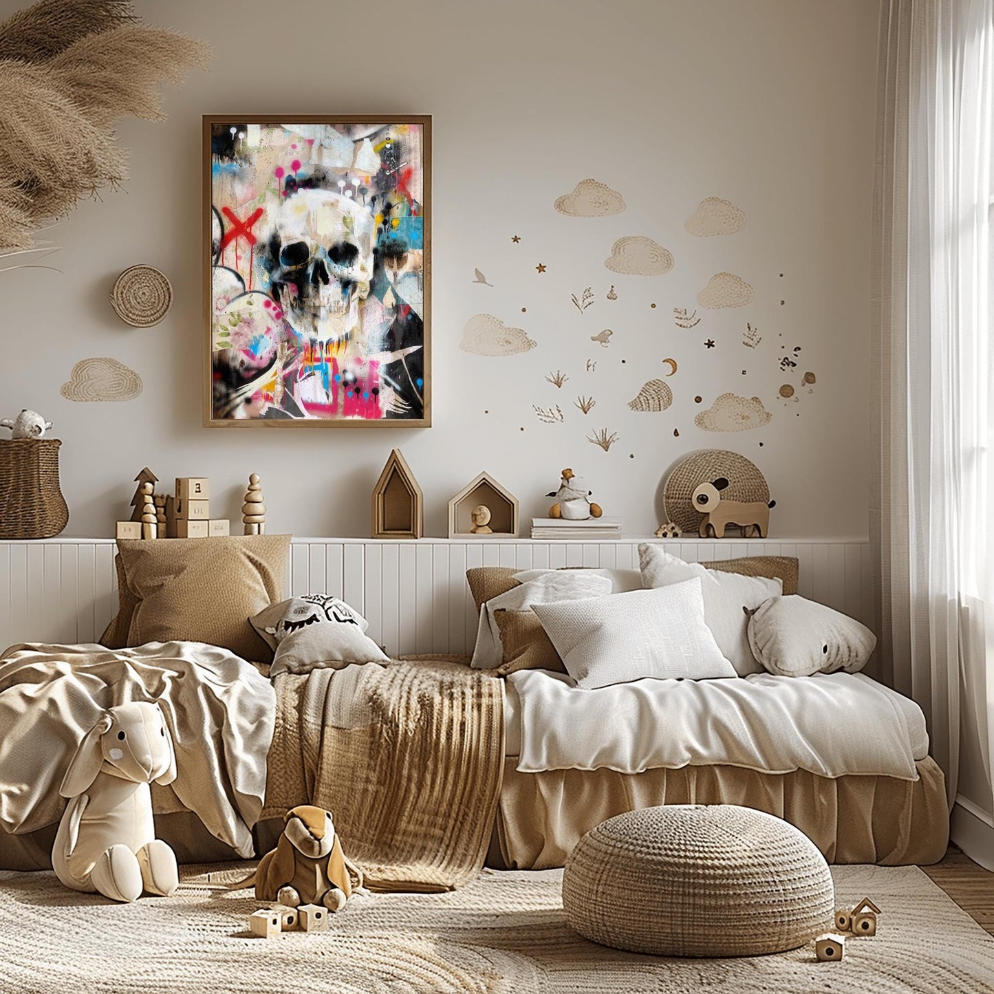 Grungy Skull & Floral Print Halloween Poster | Abstract Street Art Decor | Gothic Botanical Wall Art | Unique Mixed Media Urban Macabre