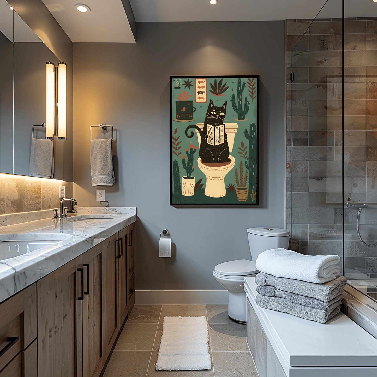 Matisse Art Print Black Cat Toilet Wall Decor, Retro Funky Bathroom Poster, Pink Mid Century Modern Illustration