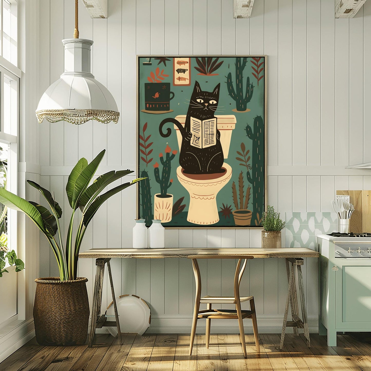 Matisse Art Print Black Cat Toilet Wall Decor, Retro Funky Bathroom Poster, Pink Mid Century Modern Illustration