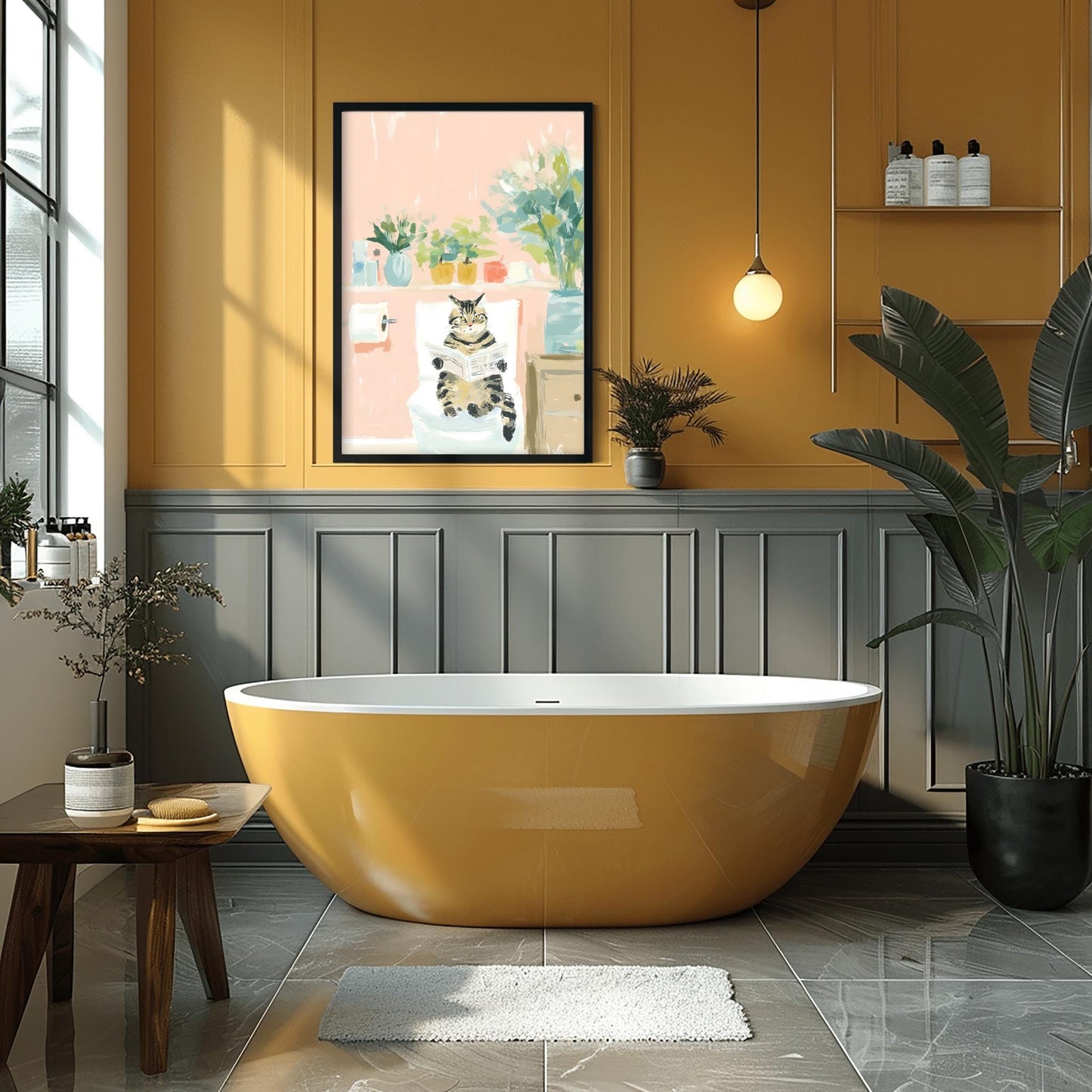 Funny Tabby Cat Toilet Art Print, Retro Funky Style Bathroom Wall Decor, Pink Dopamine Mid Century Modern Illustration