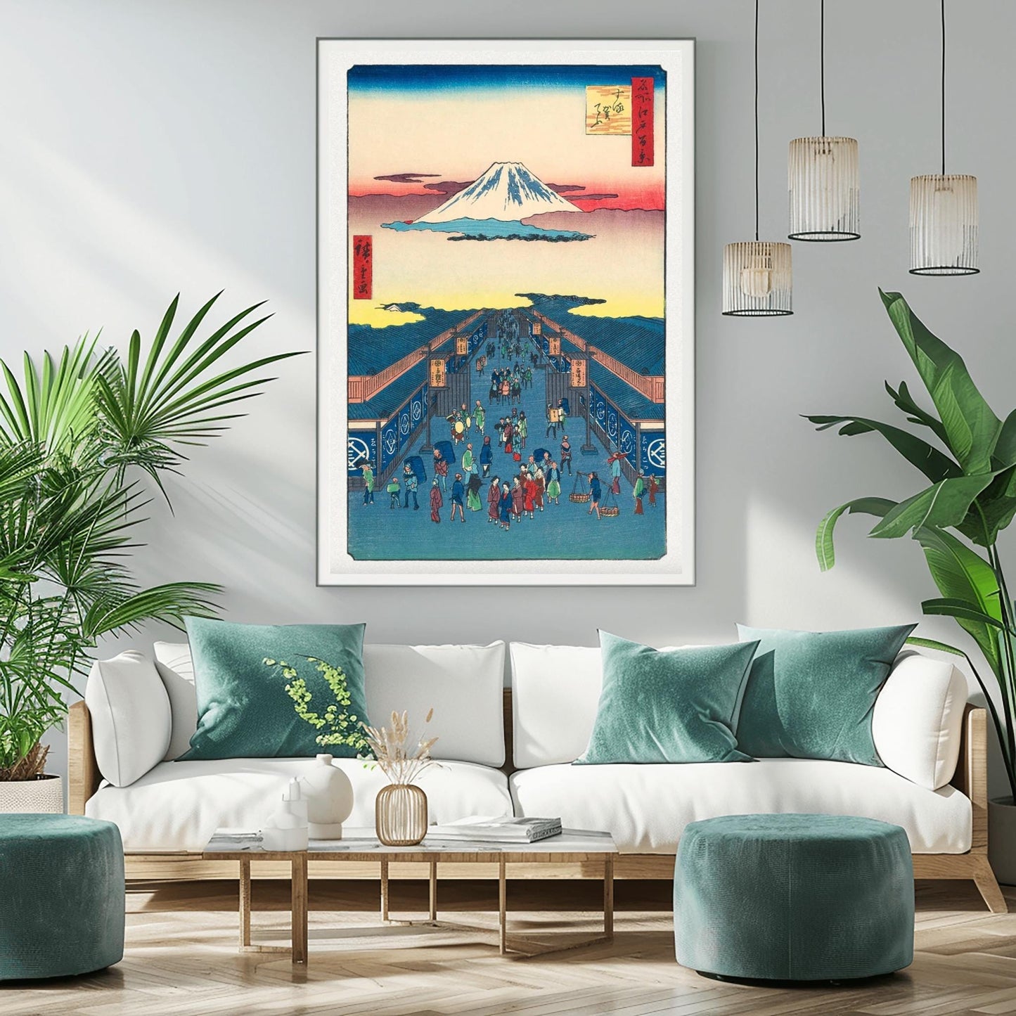 Japanese Woodblock Print Mount Fuji Art, Edo Market Scene, Ukiyo-e, Traditional Asian Decor, Vibrant Historical Poster