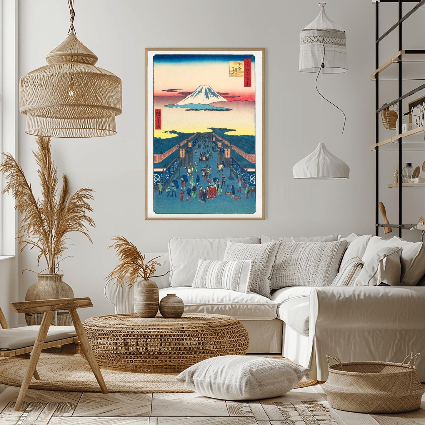 Japanese Woodblock Print Mount Fuji Art, Edo Market Scene, Ukiyo-e, Traditional Asian Decor, Vibrant Historical Poster