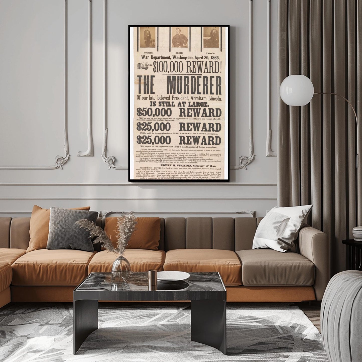 Vintage Lincoln Assassination Reward Poster | 1865 Historical Document Print | John Wilkes Booth Manhunt Art | Civil War Era Memorabilia