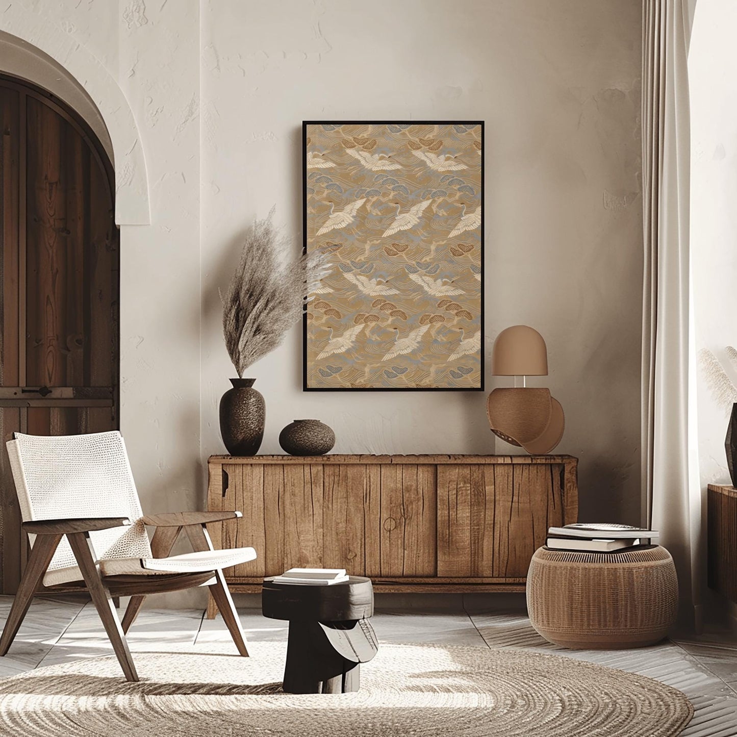 Traditional Japanese Crane & Pine Tree Textile Print | Elegant Wave Pattern Fabric Art | Asian Decor Wall Art | Nature Motif Home Decor
