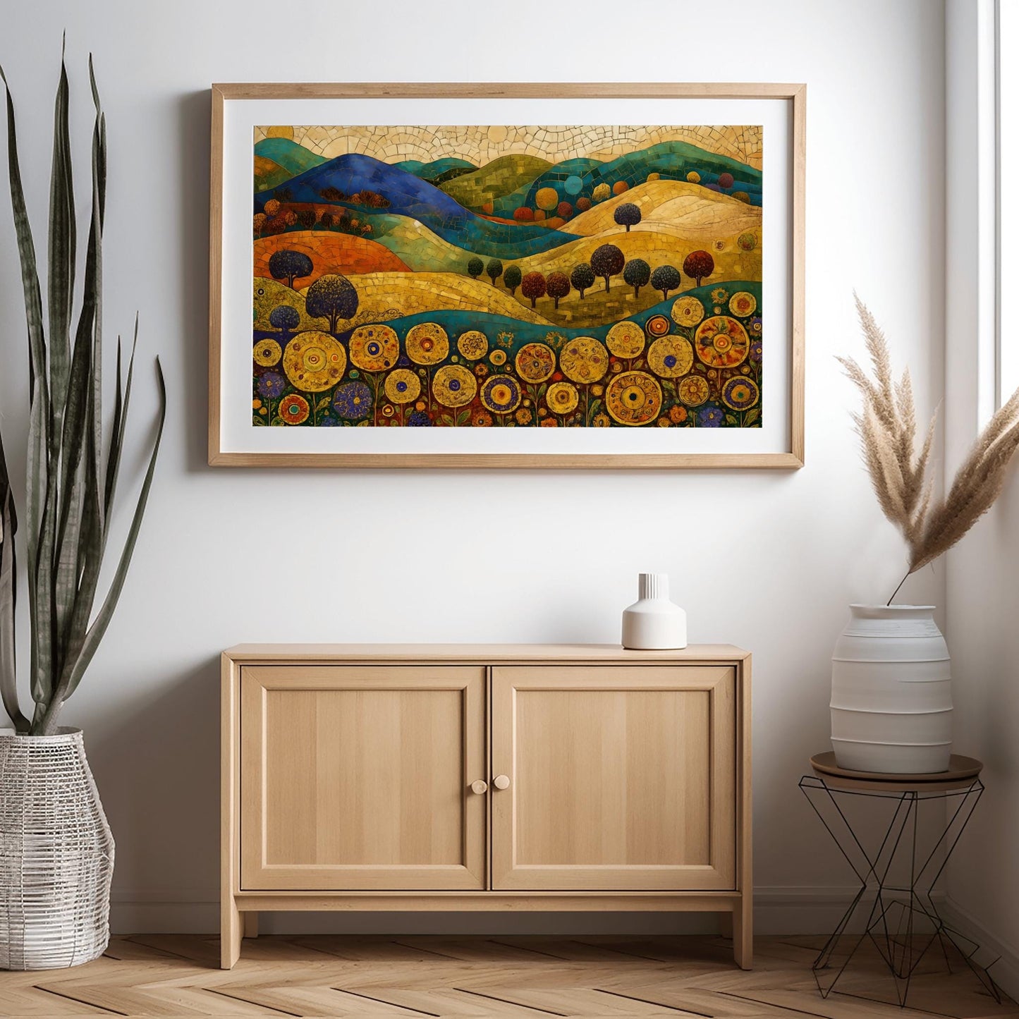 Gustav Klimt Mosaic Art Print – Vibrant Abstract Landscape with Golden Sky, Textured Hills, Unique Wall Decor for Art Lovers