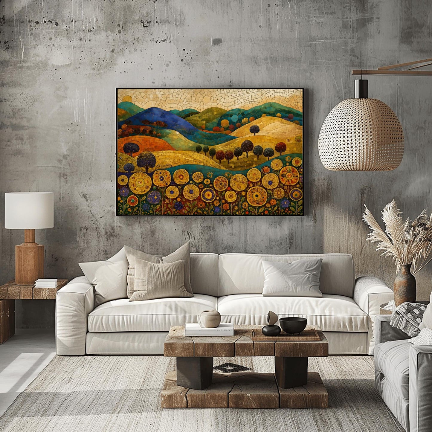 Gustav Klimt Mosaic Art Print – Vibrant Abstract Landscape with Golden Sky, Textured Hills, Unique Wall Decor for Art Lovers