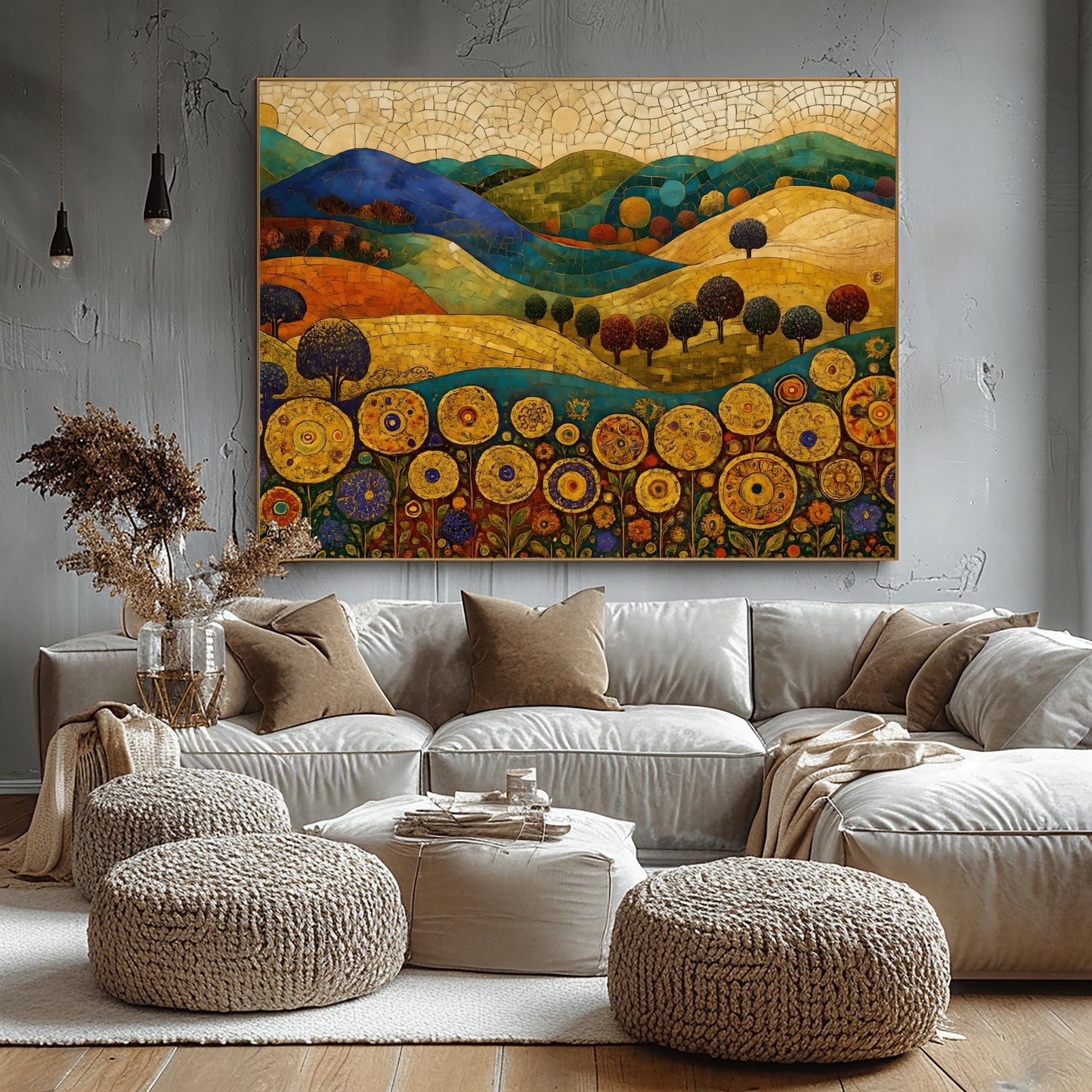 Gustav Klimt Mosaic Art Print – Vibrant Abstract Landscape with Golden Sky, Textured Hills, Unique Wall Decor for Art Lovers