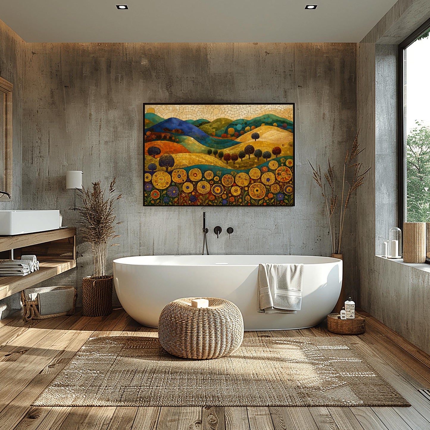Gustav Klimt Mosaic Art Print – Vibrant Abstract Landscape with Golden Sky, Textured Hills, Unique Wall Decor for Art Lovers