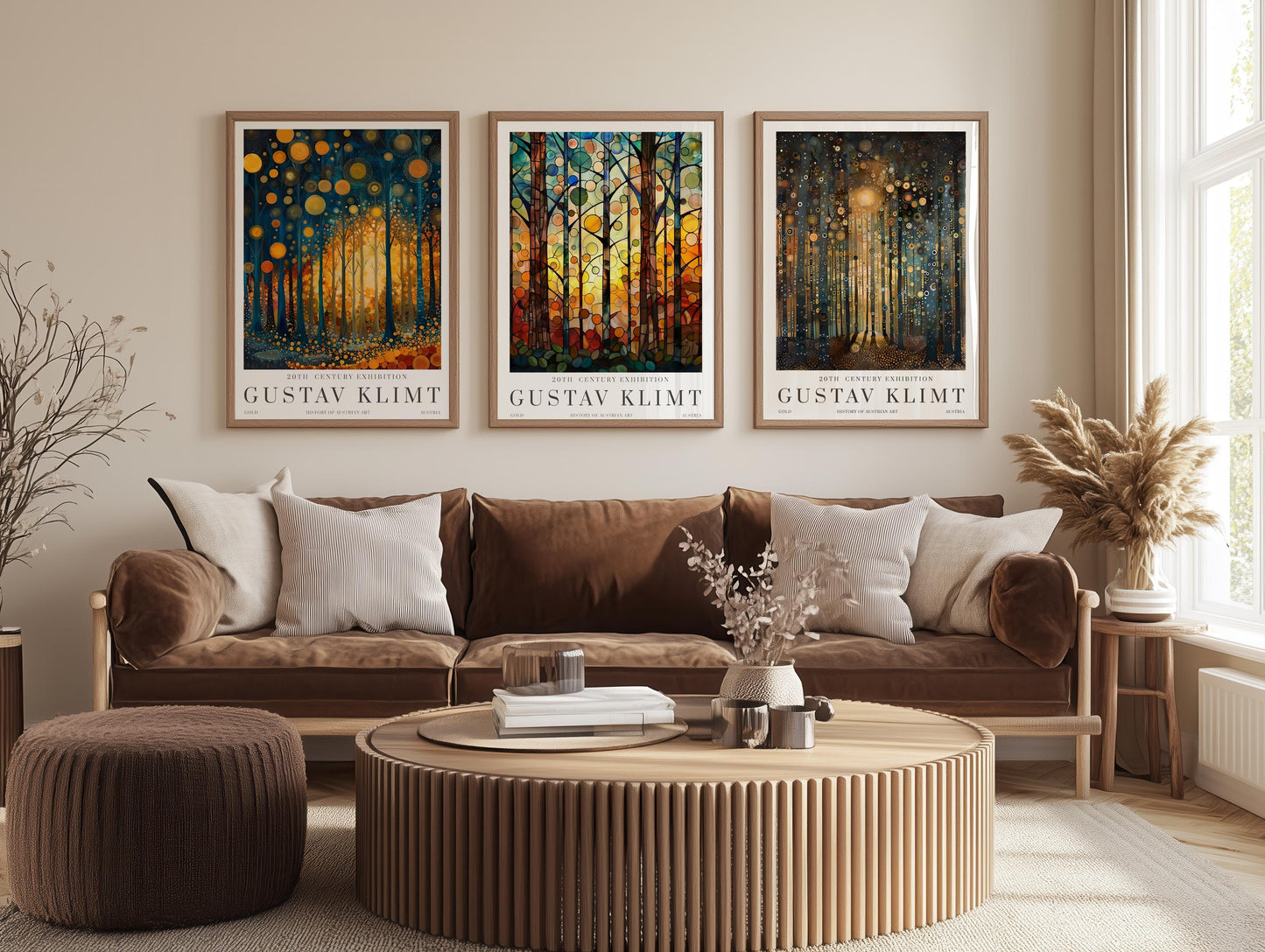 Gustav Klimt Poster Set of 3 – Art Nouveau Forest Prints, Golden Tree Wall Art, Earth Tone Gallery Wall Decor, Physical Posters for Rooms