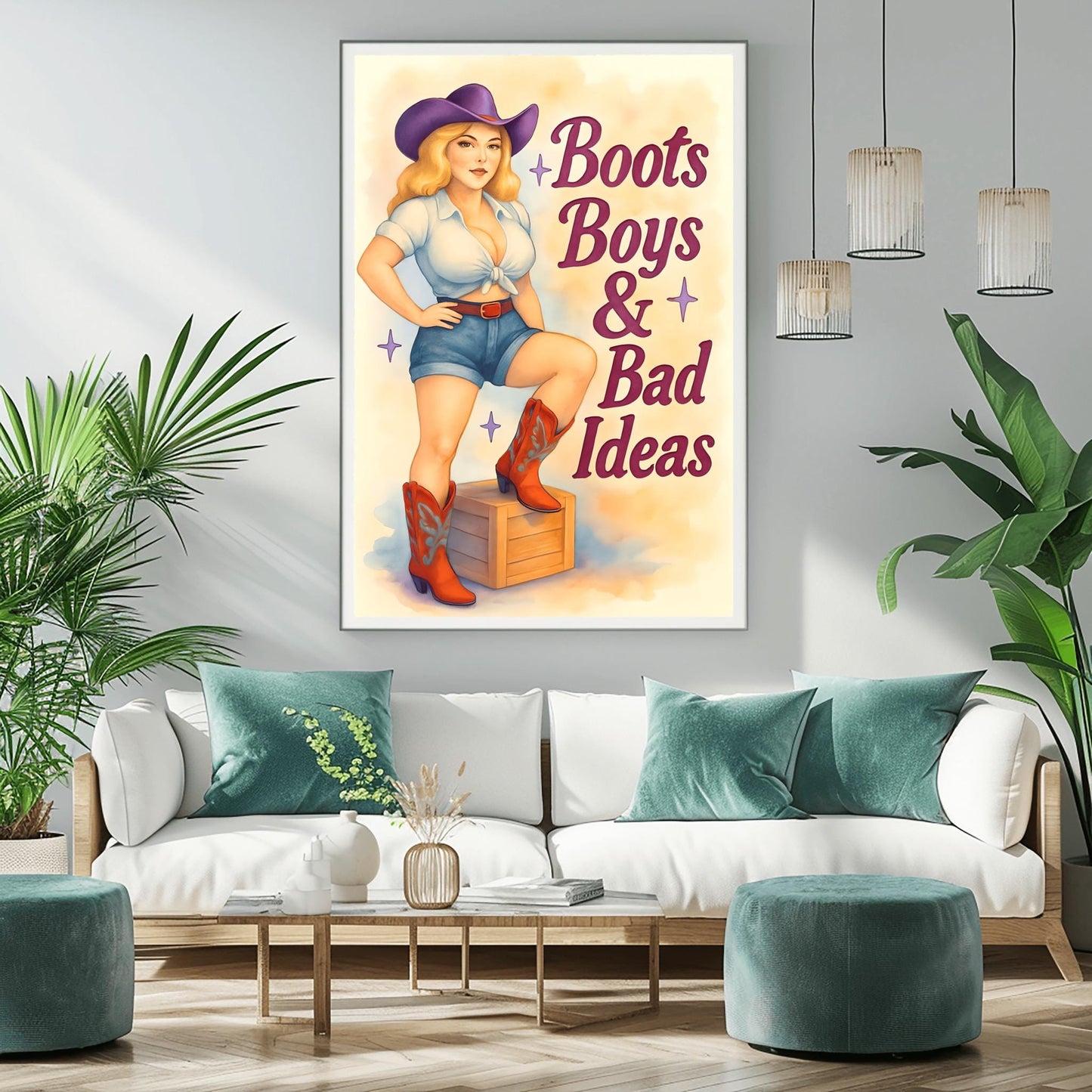 Western Wall Art Pin Up Girl with Cowboy Boots, Retro Decor for Home, Man Cave, Dorm, Farmhouse, Unique Gift