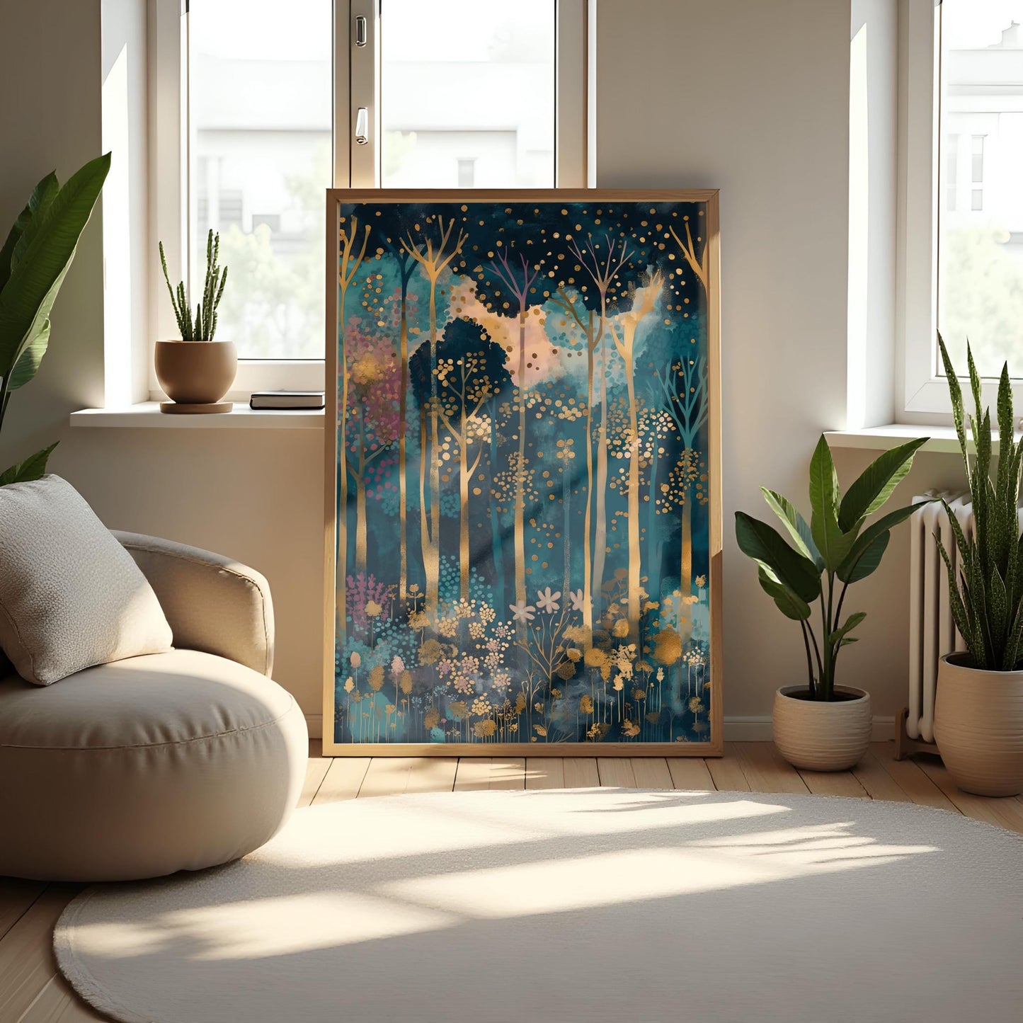 Gustav Klimt Inspired Art, Enchanted Forest Print, Magical Autumn Decor, Coquette Room Style, Luxury Wall Art, Gold Blue Painting