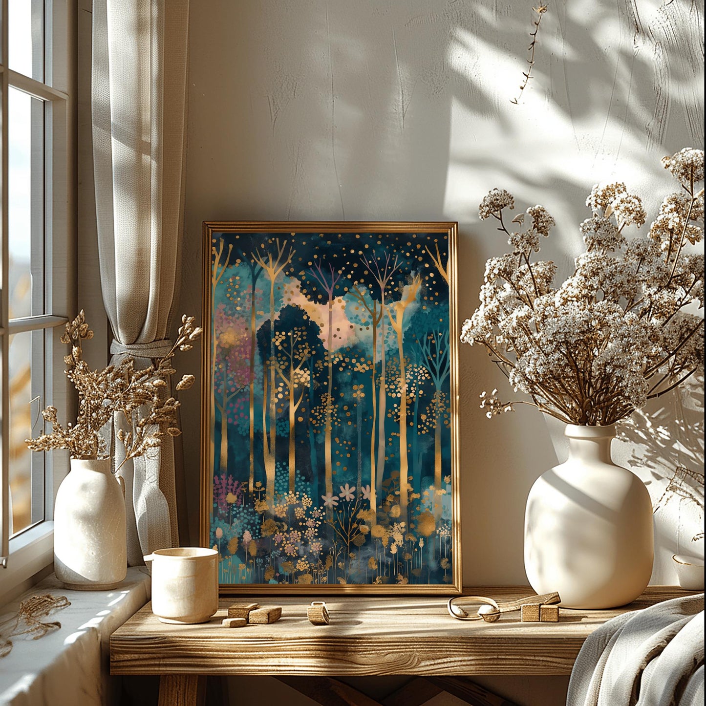Gustav Klimt Inspired Art, Enchanted Forest Print, Magical Autumn Decor, Coquette Room Style, Luxury Wall Art, Gold Blue Painting