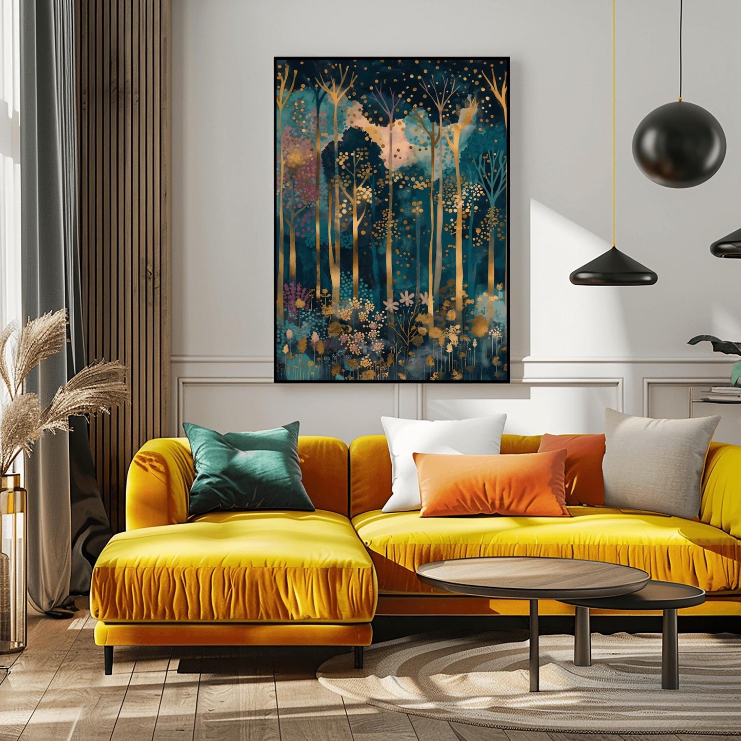 Gustav Klimt Inspired Art, Enchanted Forest Print, Magical Autumn Decor, Coquette Room Style, Luxury Wall Art, Gold Blue Painting