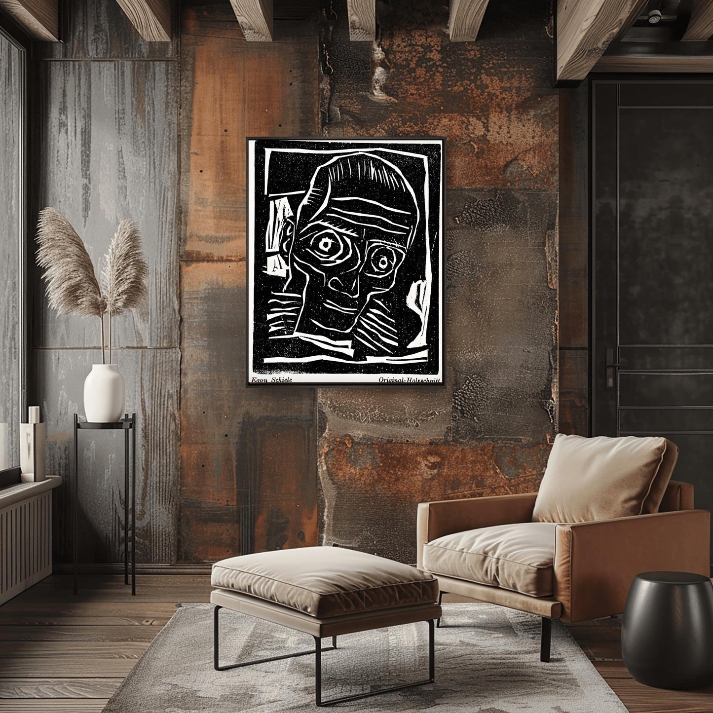 Egon Schiele Self-Portrait Print | Expressionist Woodcut Art | Black & White Wall Decor | Avant-Garde Portrait Poster | Modern Art Gift