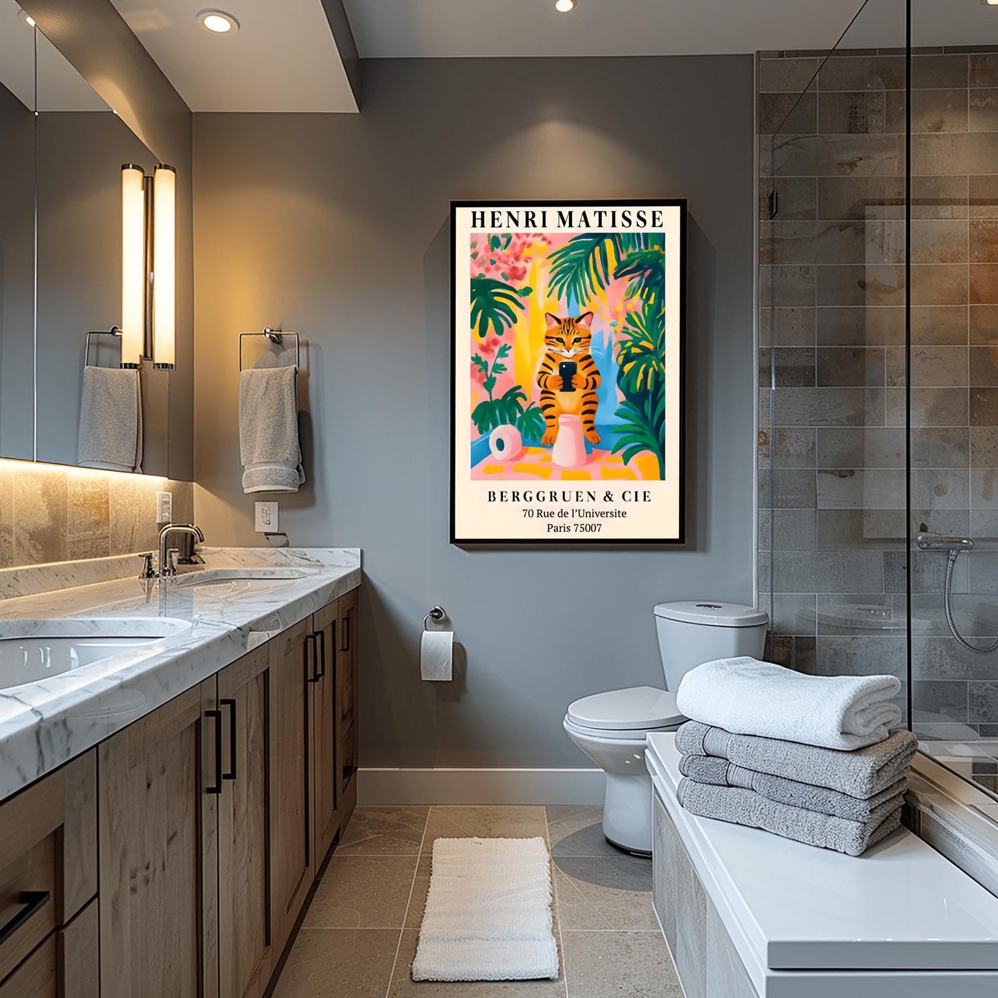 Funny Tabby Cat Toilet Art Print Holding Mobile Phone, Matisse Style Bathroom Wall Decor, Pink Dopamine Mid Century Modern Illustration