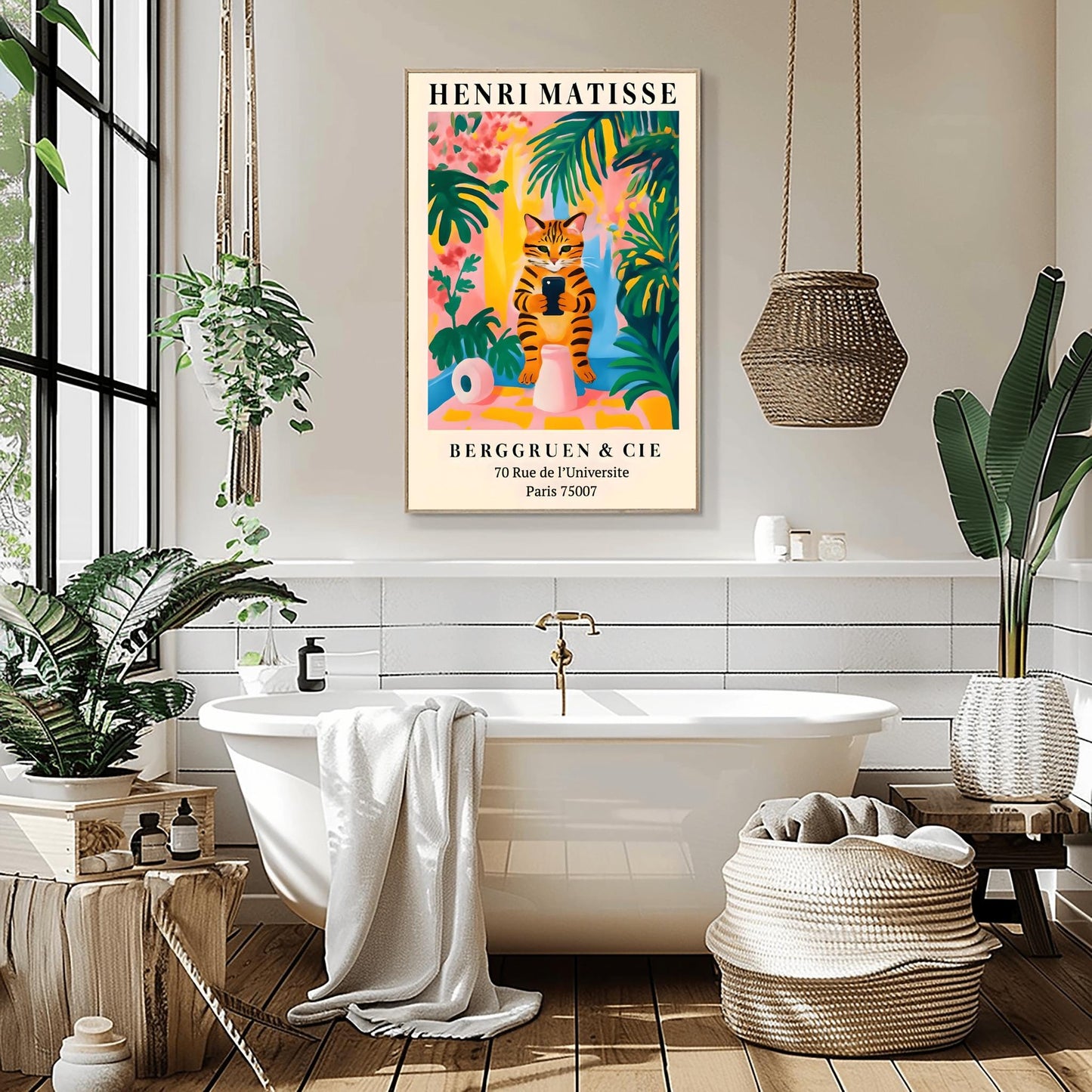 Funny Tabby Cat Toilet Art Print Holding Mobile Phone, Matisse Style Bathroom Wall Decor, Pink Dopamine Mid Century Modern Illustration