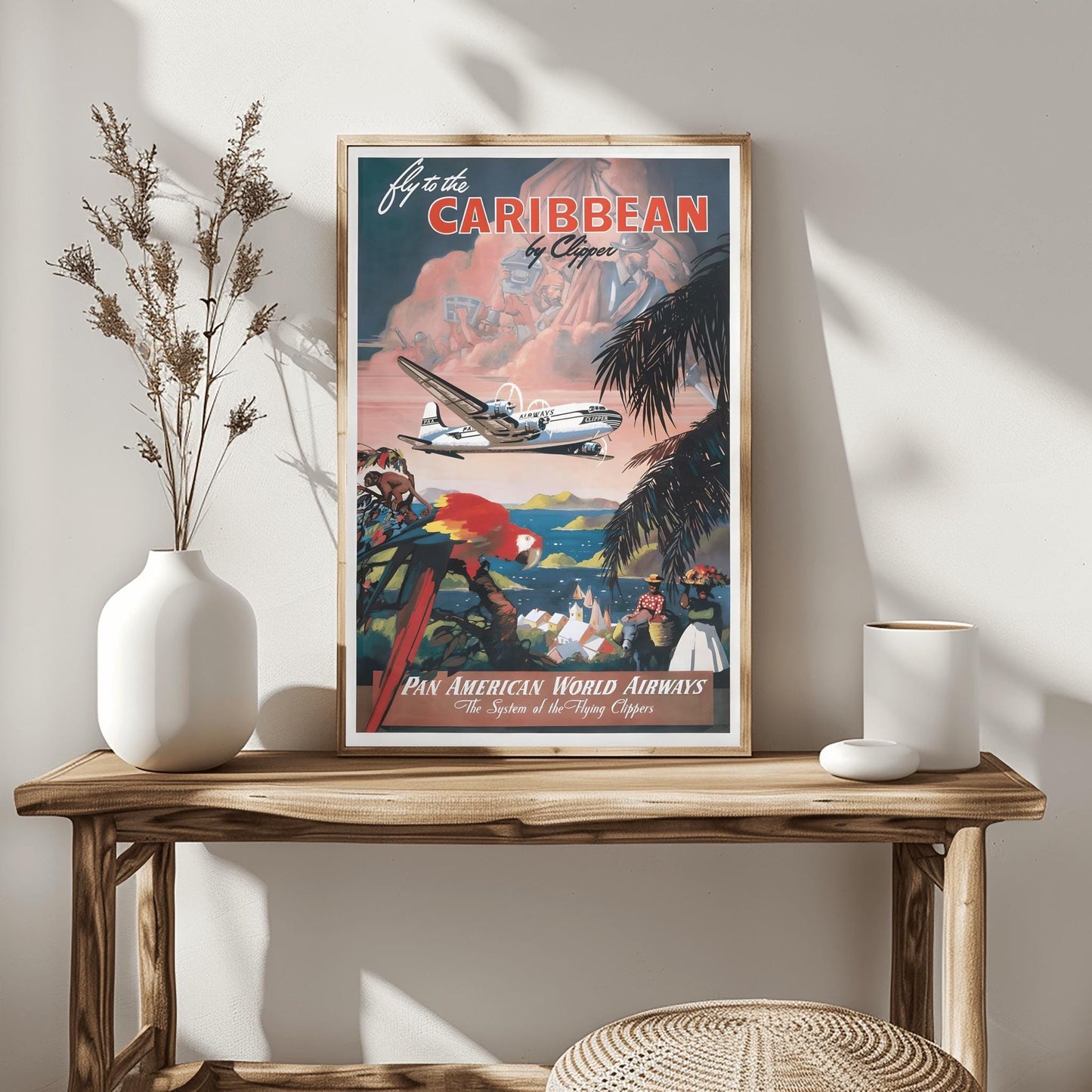 Vintage Caribbean Pan Am Poster | Retro Clipper Travel Print | Tropical Island Wall Art | Pan American Airline Gift | Aviation Art Decor
