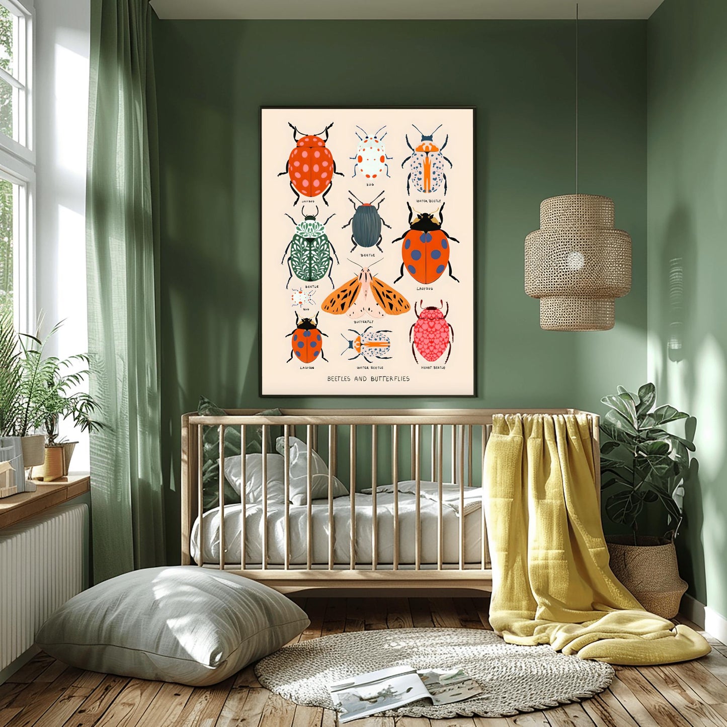 Vibrant Beetles, Bugs and Butterfly Poster, Bug Identification Chart, Kids Room Wall Art