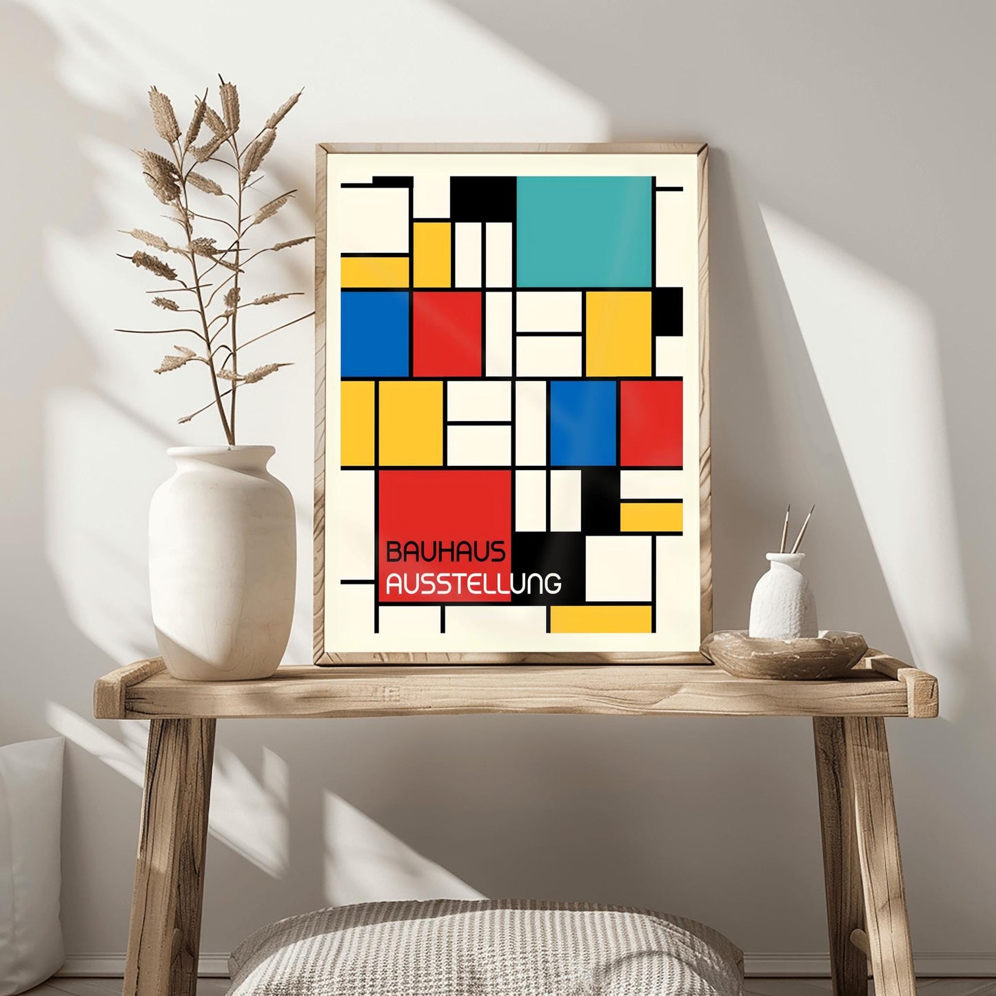 Bauhaus Exhibition Poster, Mondrian Style Geometric Print, Modernist Wall Art, Primary Colors Abstract Decor