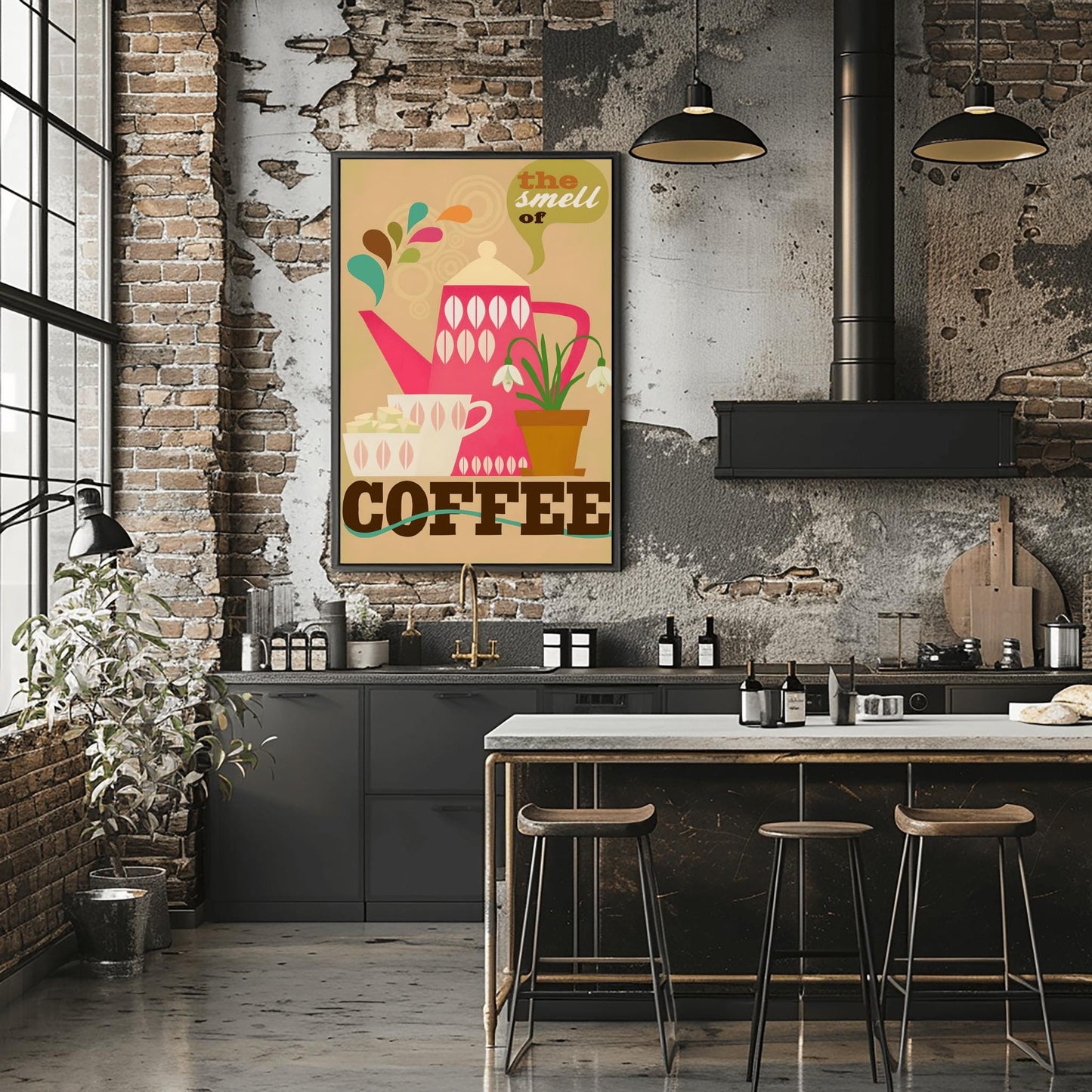 Retro Coffee Poster, Kitchen Wall Art, Mid-Century Modern Teapot Print, Coffee Lover Gift