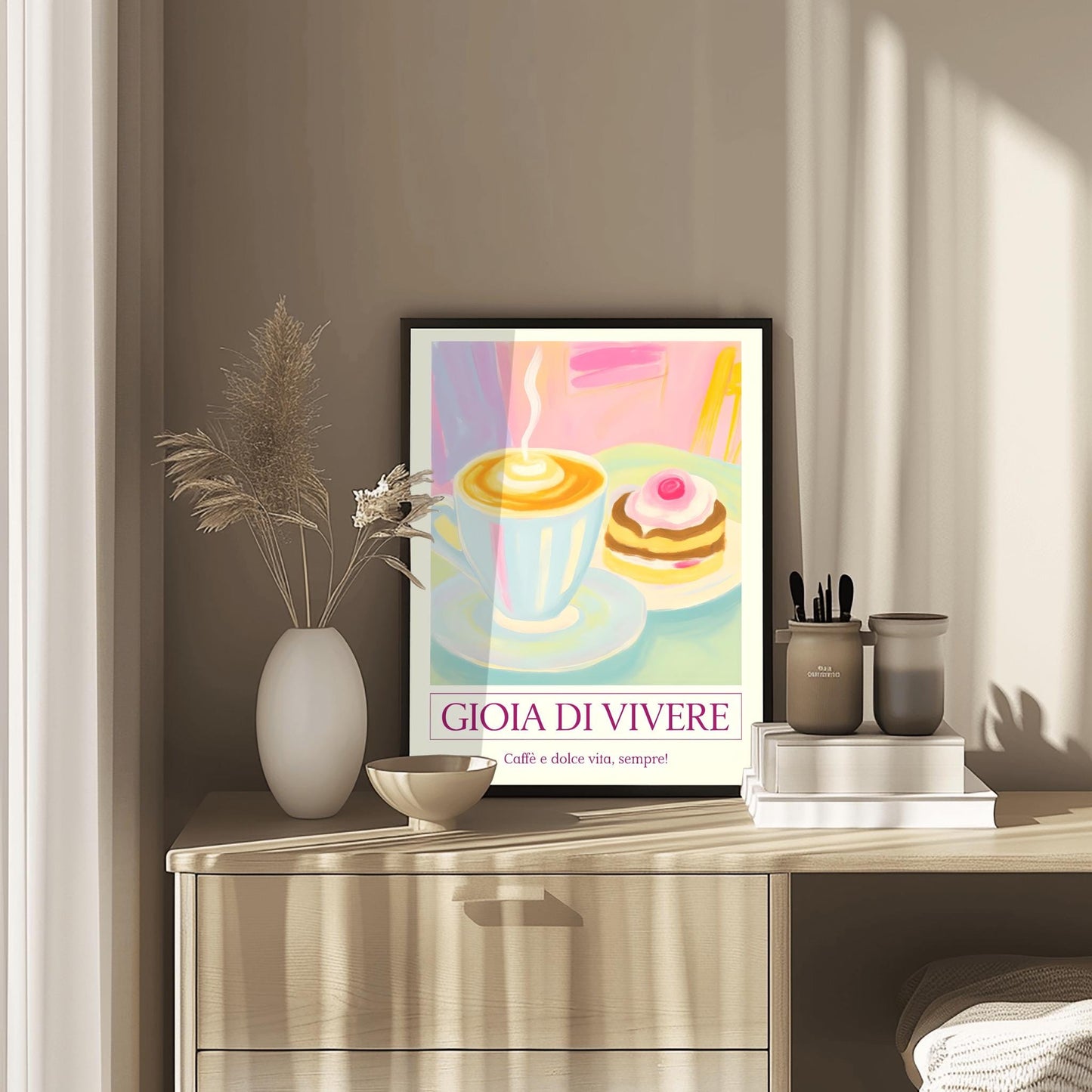 Pastel Cafe Scene Print, 'Gioia di Vivere' Coffee & Cake Poster, Retro Kitchen Wall Art, Cozy Coffee Lover Gift