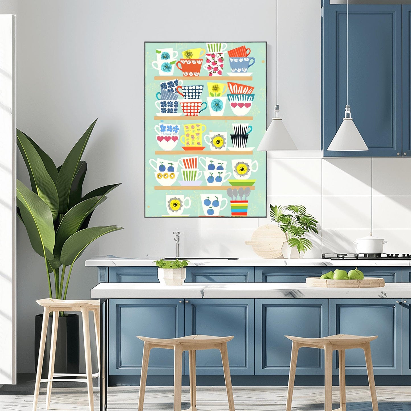 Whimsical Teacup Art Print, Retro Kitchen Wall Decor, Colorful Tea Lover Gift, Mid-Century Modern Mug Poster