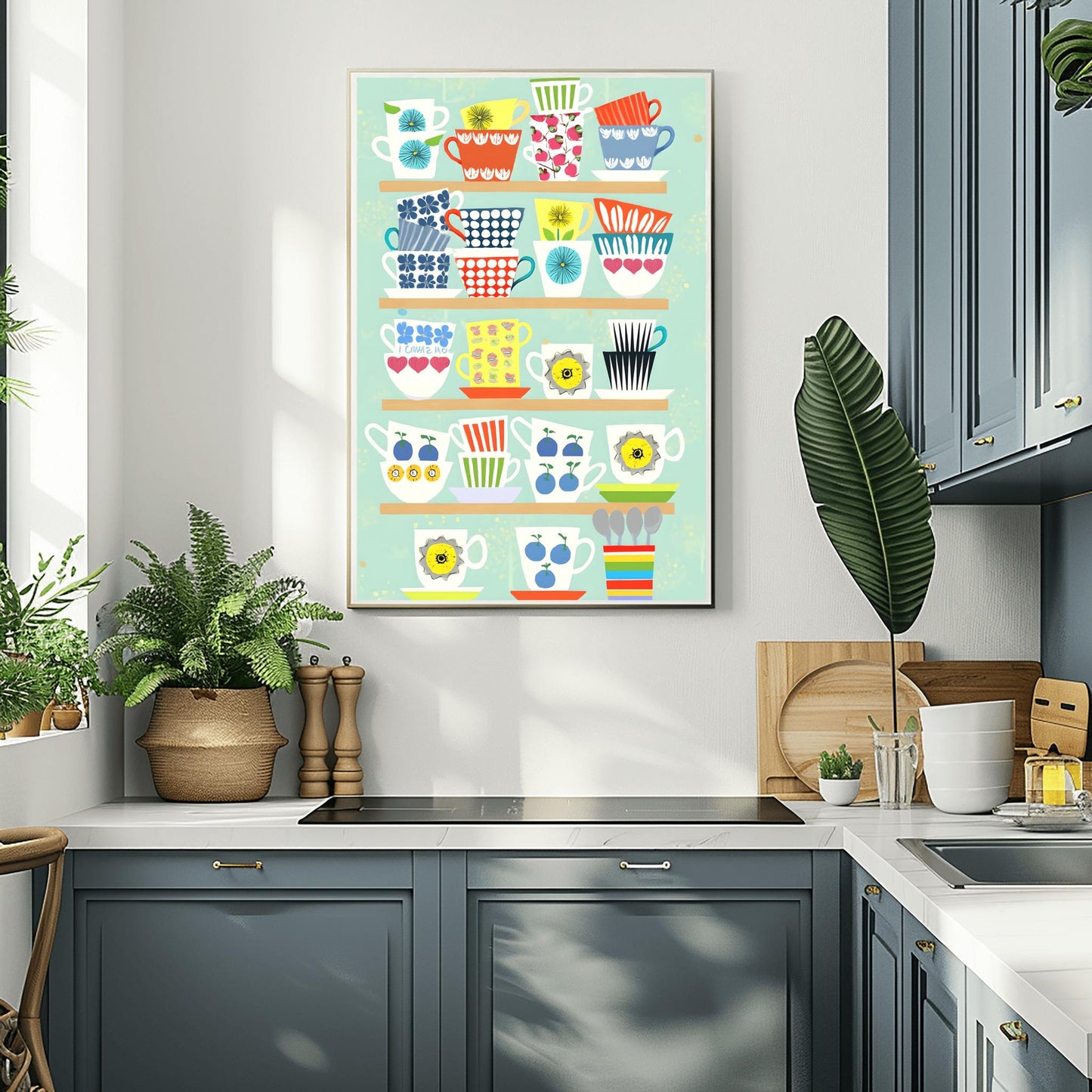 Whimsical Teacup Art Print, Retro Kitchen Wall Decor, Colorful Tea Lover Gift, Mid-Century Modern Mug Poster