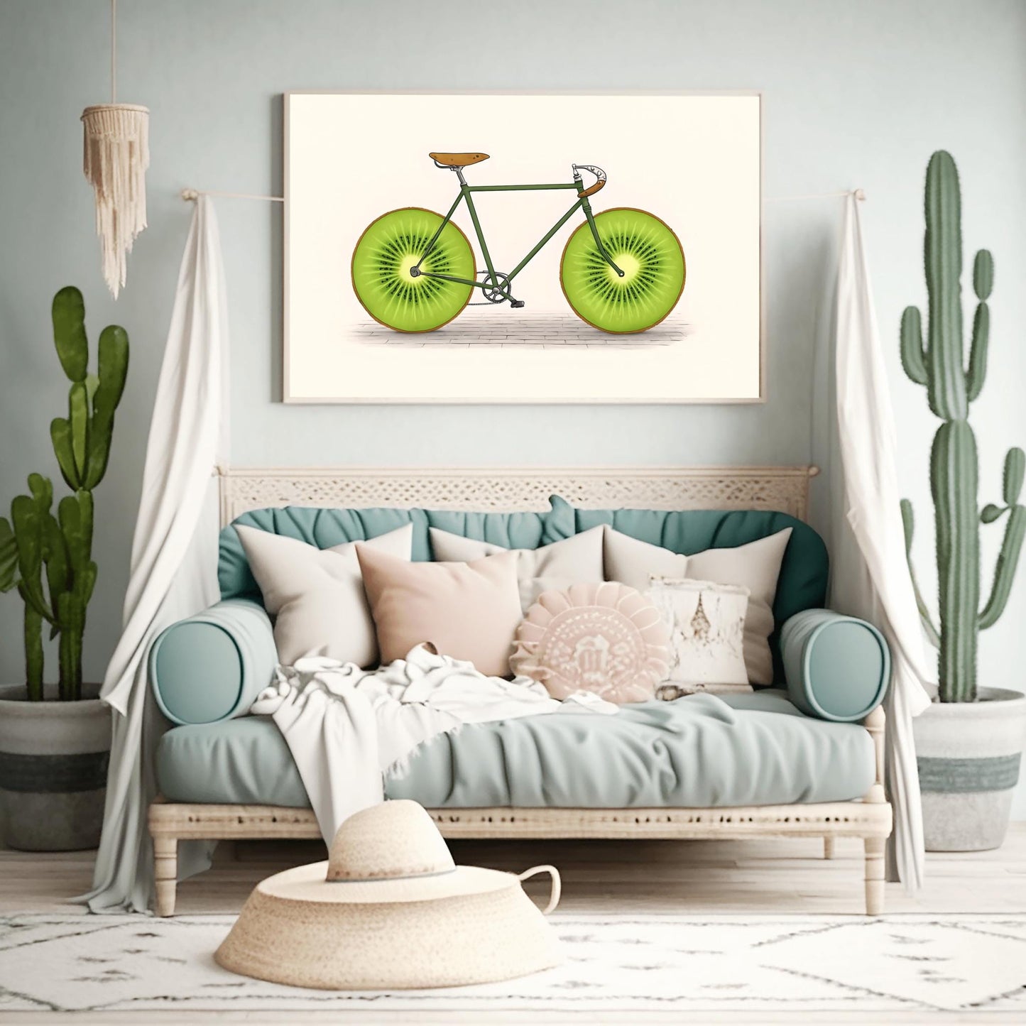 Fruit Bike Poster Funny Kiwi Art, Quirky Kitchen Wall Decor, Whimsical Cycling Gift, Vegan Cyclist Print