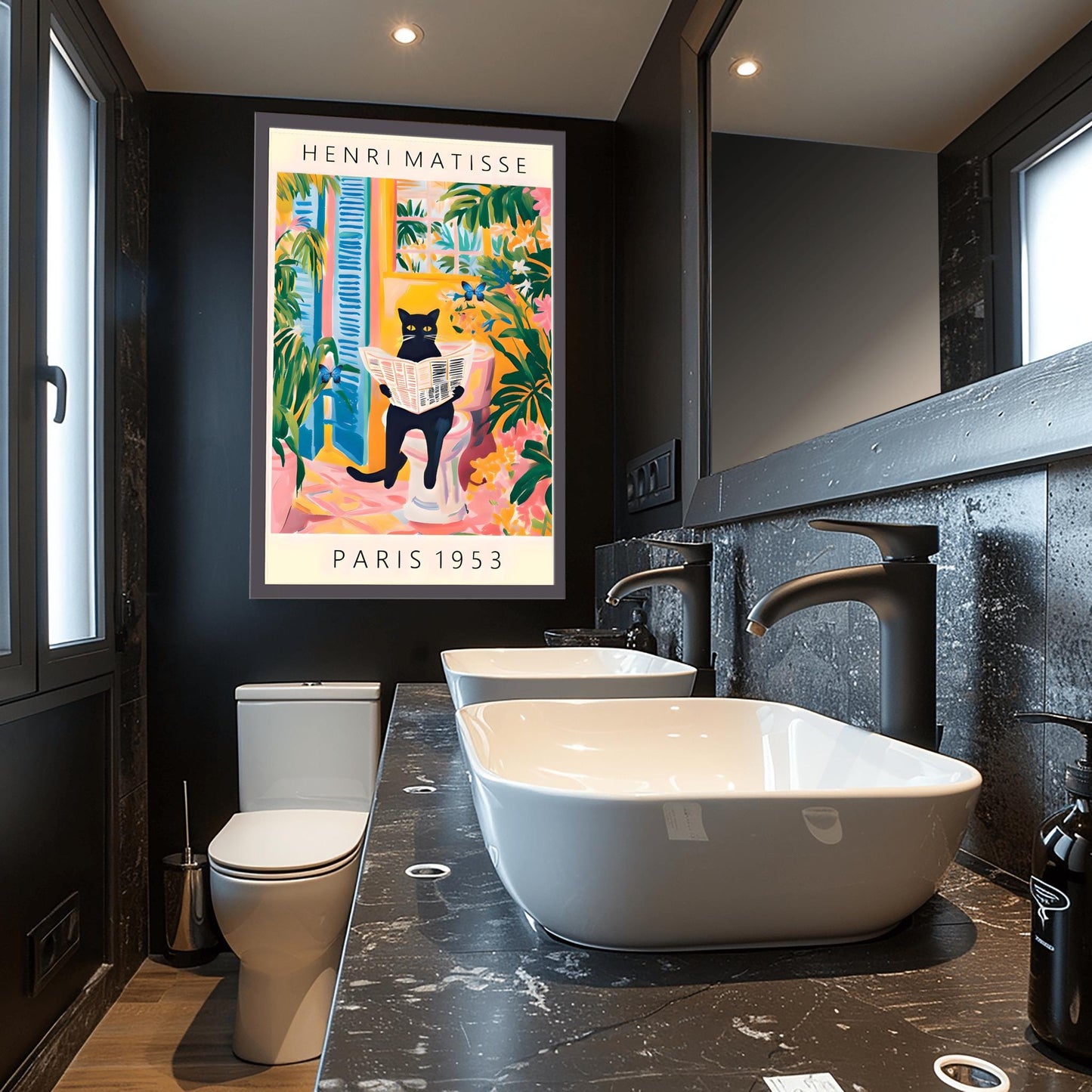 Black Cat on Toilet Poster, Matisse Inspired Bathroom Art, Funny Pet Print, Butterfly Quirky Wall Decor, Pink Tropical Decor, Humorous Gift