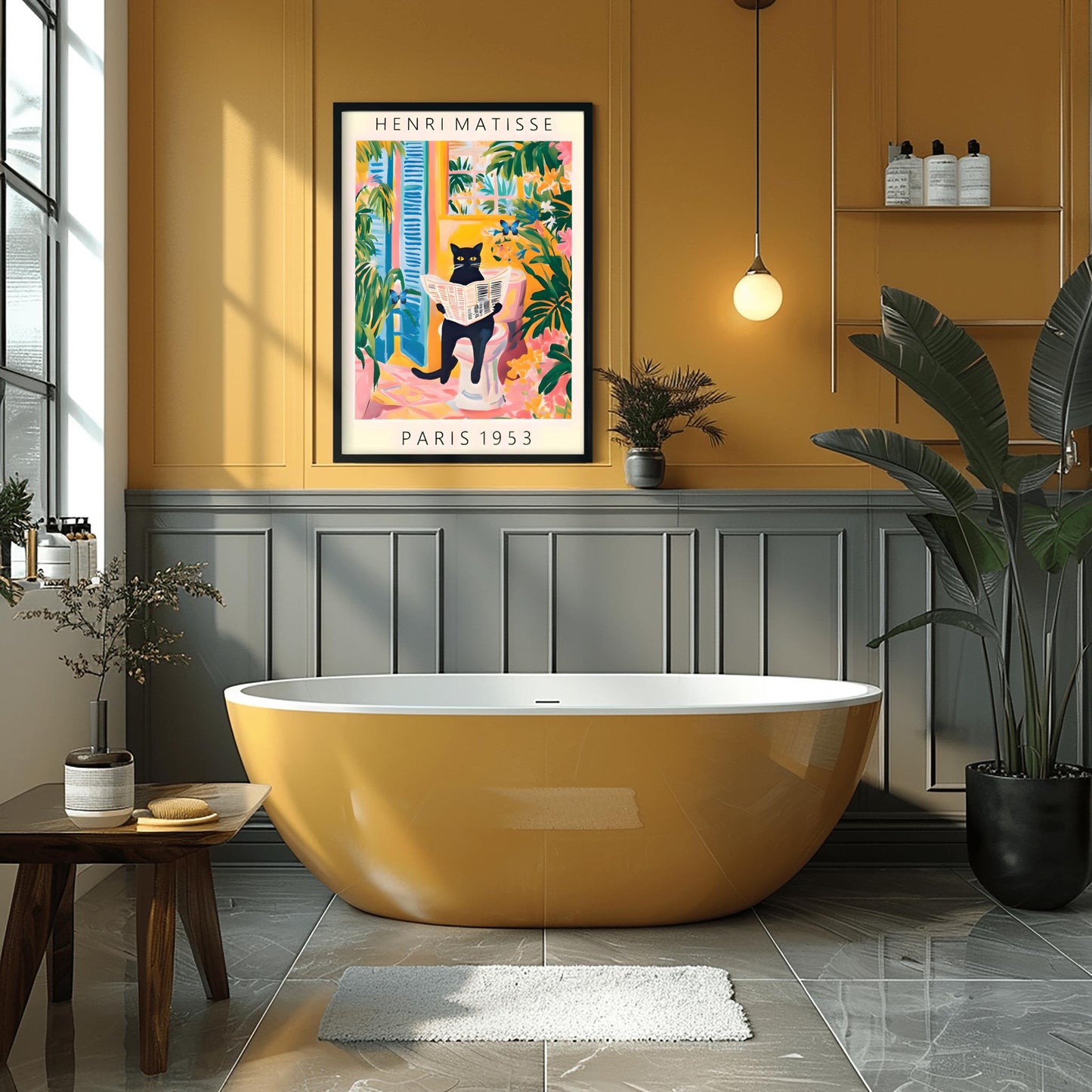 Black Cat on Toilet Poster, Matisse Inspired Bathroom Art, Funny Pet Print, Butterfly Quirky Wall Decor, Pink Tropical Decor, Humorous Gift