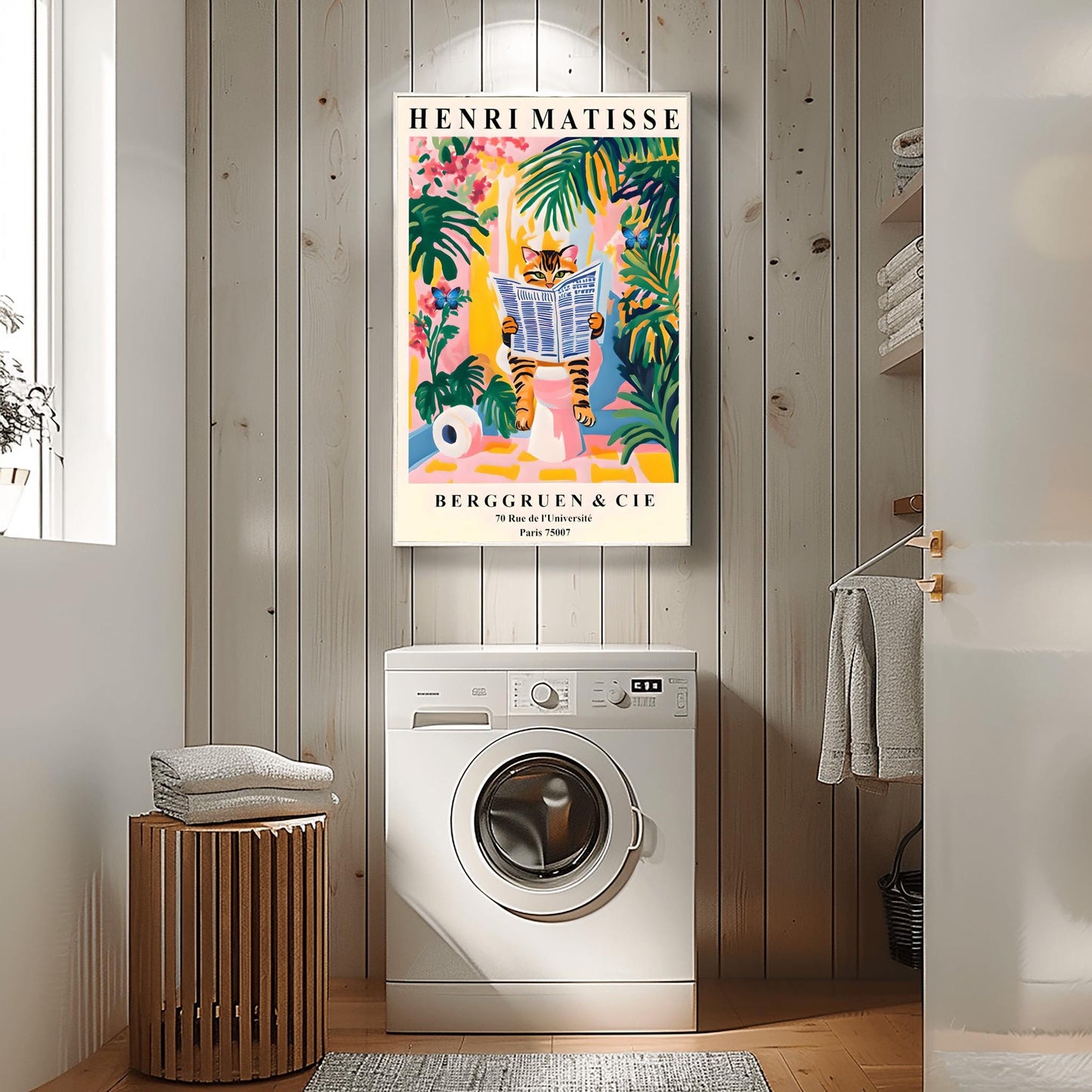 Funny Tabby Cat Toilet Art Print, Matisse Style Bathroom Wall Decor, Butterfly Love, Pink Dopamine Mid Century Modern Illustration