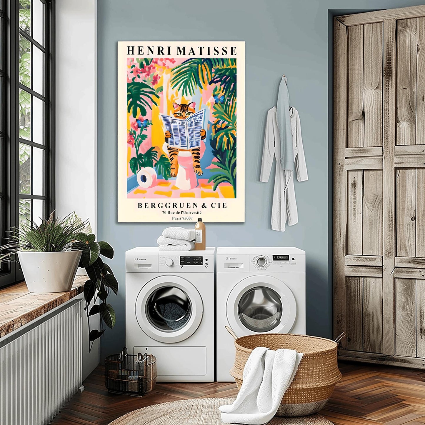 Funny Tabby Cat Toilet Art Print, Matisse Style Bathroom Wall Decor, Butterfly Love, Pink Dopamine Mid Century Modern Illustration