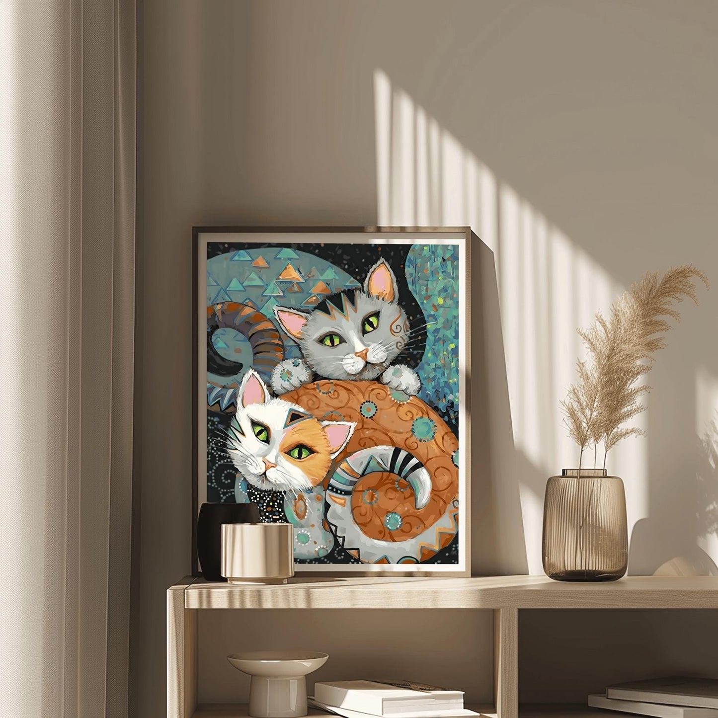 Folk Art Cat Print, Unique Cat Lover Gift, Whimsical Animal Decor, Colorful Cats Poster, Modern Nursery Art