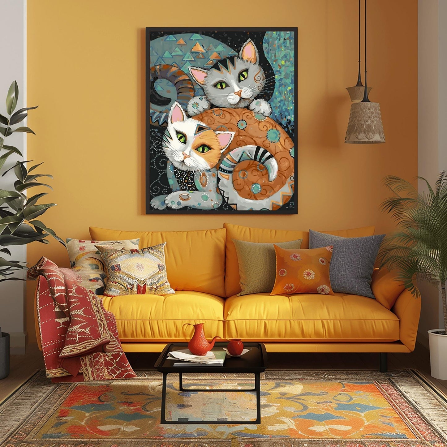 Folk Art Cat Print, Unique Cat Lover Gift, Whimsical Animal Decor, Colorful Cats Poster, Modern Nursery Art