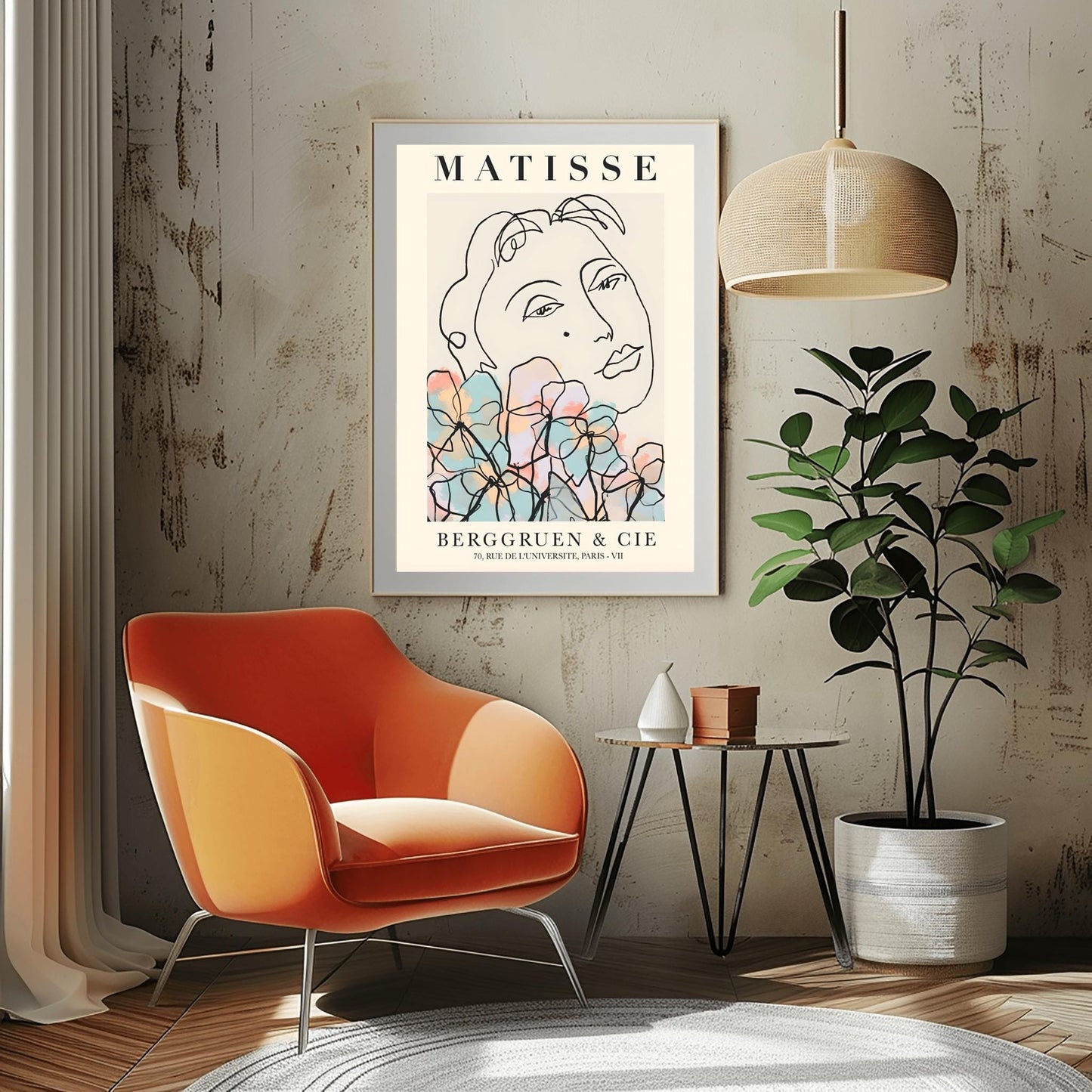 Matisse Line Art Print, Modernist Face with Flowers, Henri Matisse Poster, Minimalist Wall Art, Elegant Fine Art Print