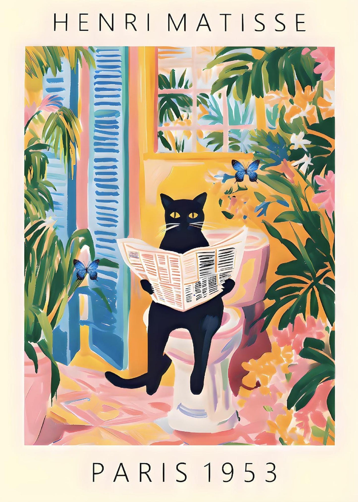Black Cat on Toilet Poster, Matisse Inspired Bathroom Art, Funny Pet Print, Butterfly Quirky Wall Decor, Pink Tropical Decor, Humorous Gift